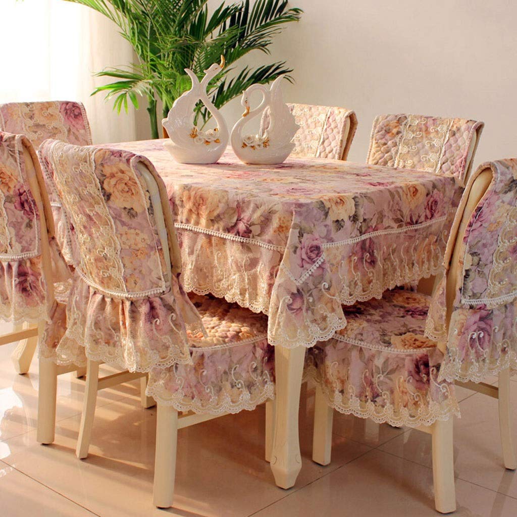 Elegant Lace European Pastoral Chair Covers Set - 4 Piece Dining Chair Cushions with Backrest + 150x200cm Tablecloth for Home Decor, Wedding, Party, and Daily Dining Protection