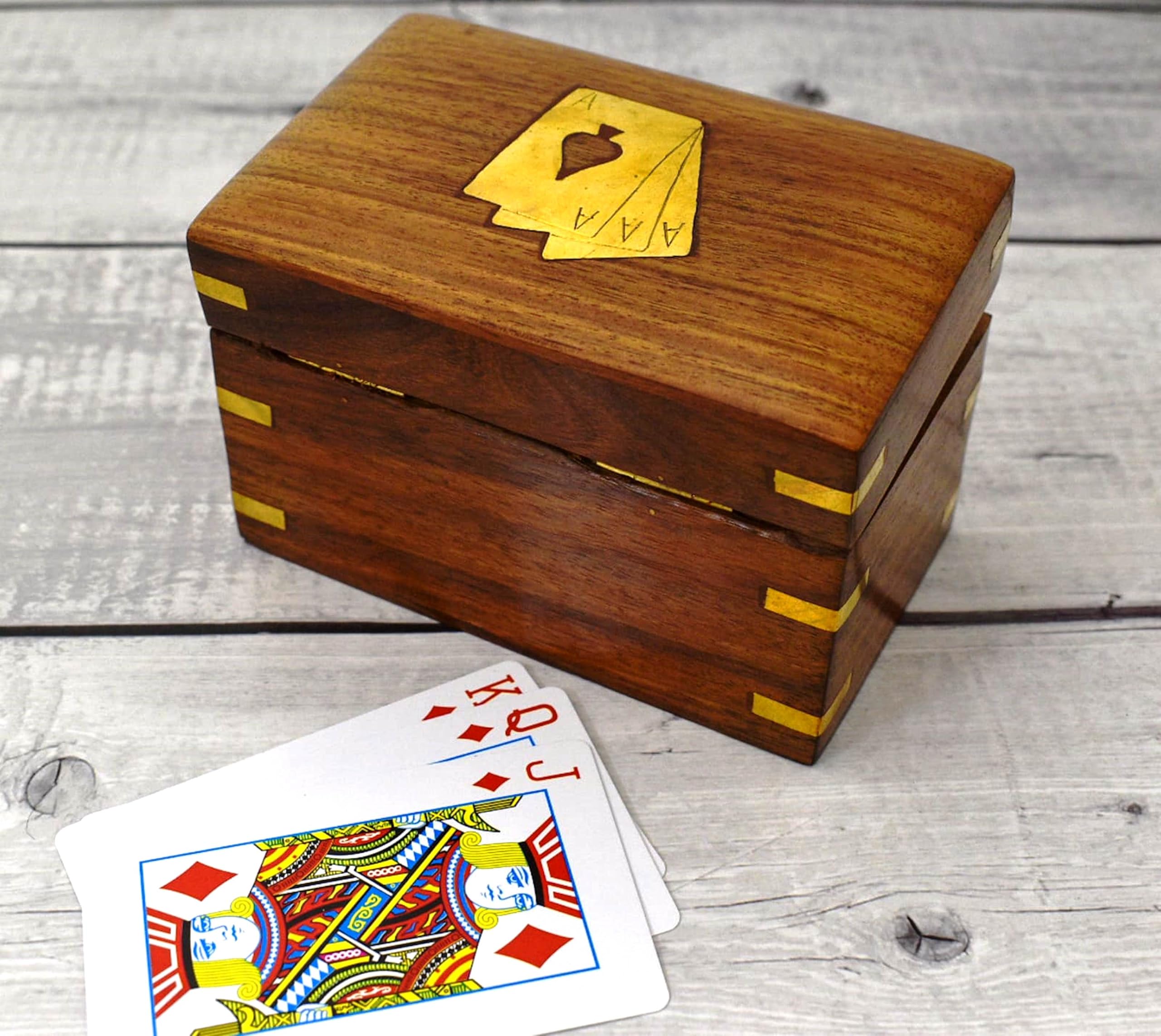 Handmade Wooden Playing Cards Holder with Brass Inlay Design - Premium Deck Storage Box & Organizer Case for Poker, Blackjack, Magic Tricks - Perfect Anniversary, Birthday Gift for Men & Card Game Lovers