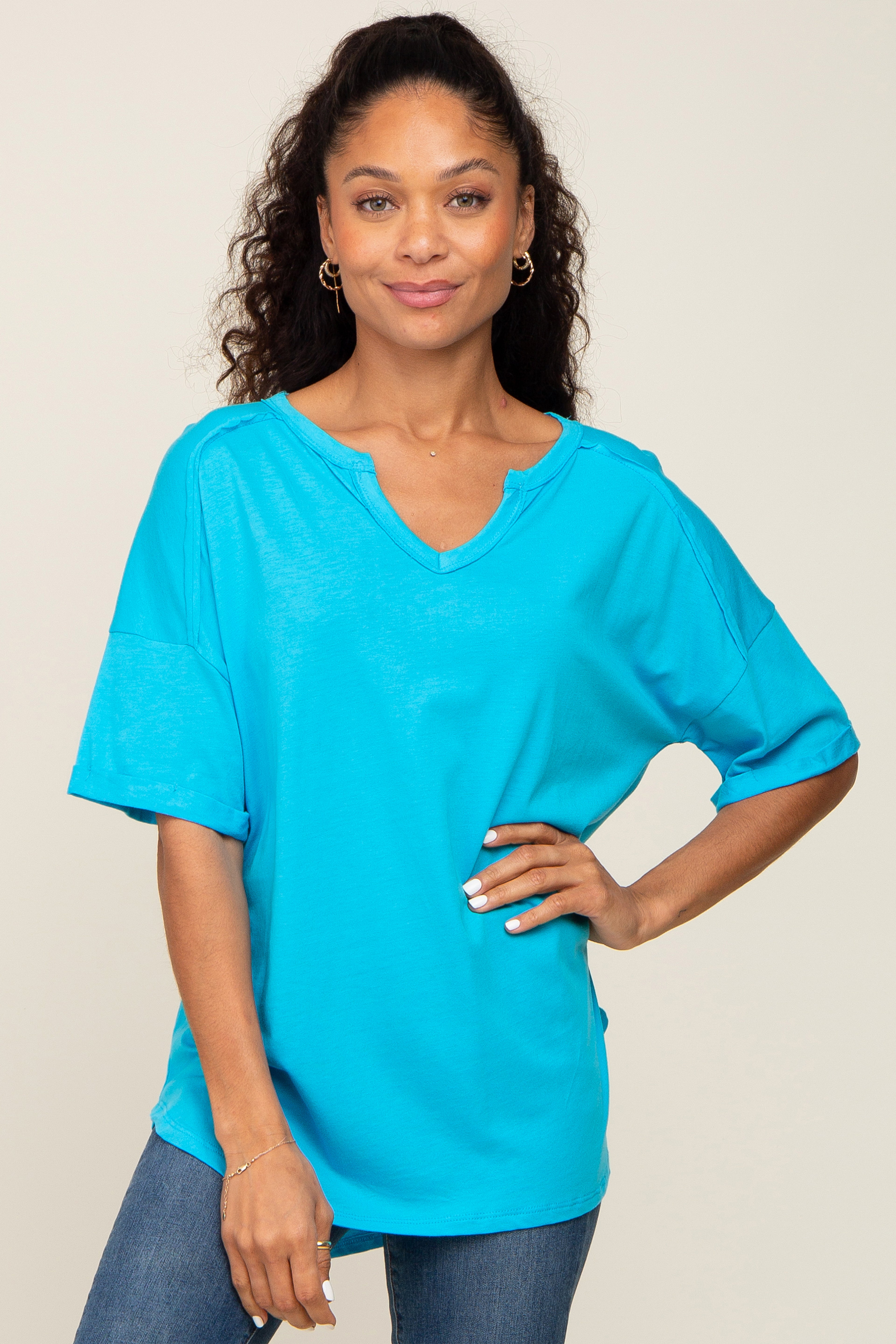 Aqua Oversized V-Neck Short Sleeve T-Shirt for Women - Soft Cotton Casual Tee for Summer, Lounge, and Everyday Wear