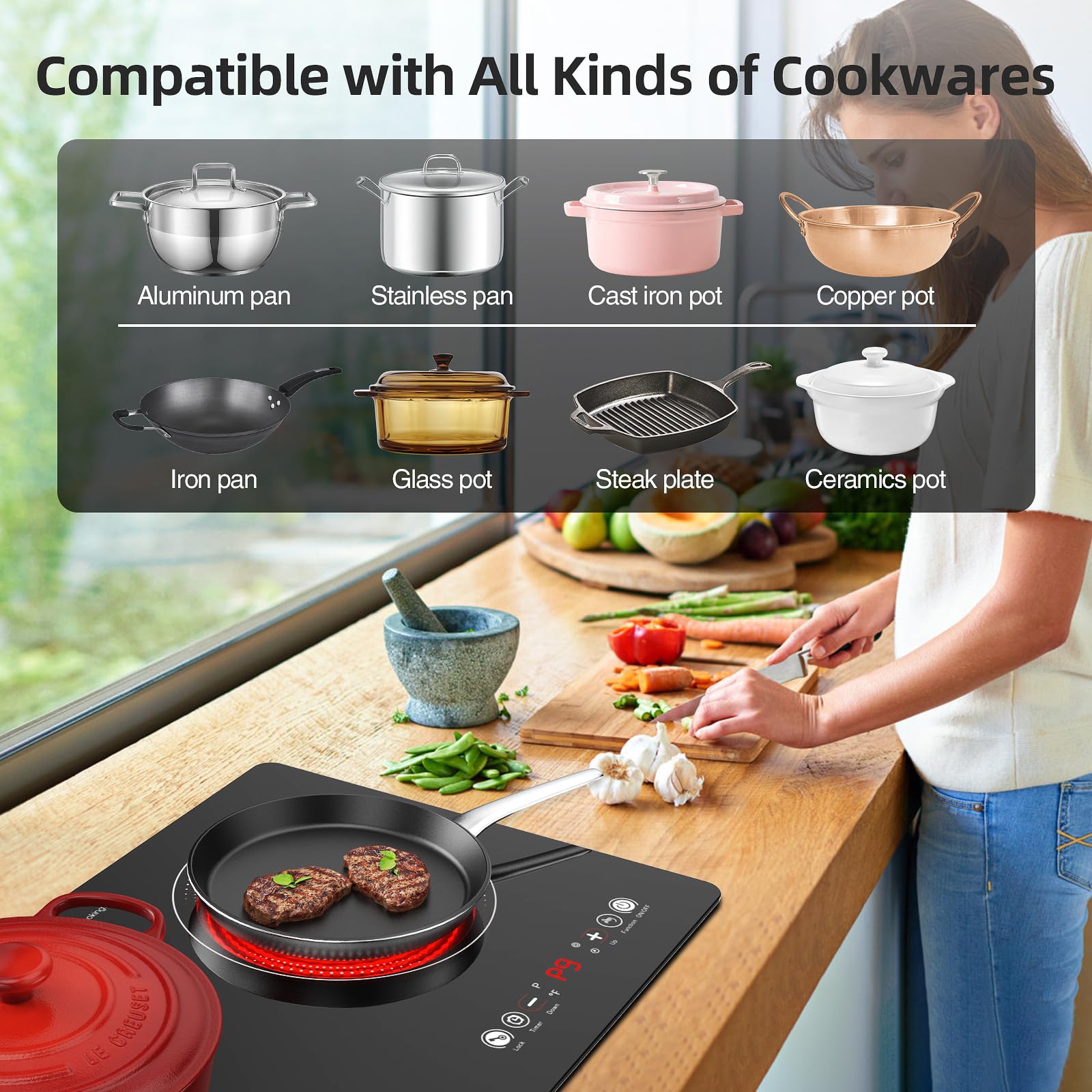 **24 Inch Electric Cooktop - 110V 2400W Built-in Ceramic Stove Top with 9 Power Levels & LED Touch Control - 2 Burner Desktop Induction Cooktop for Home, Kitchen, RV & Small Spaces**