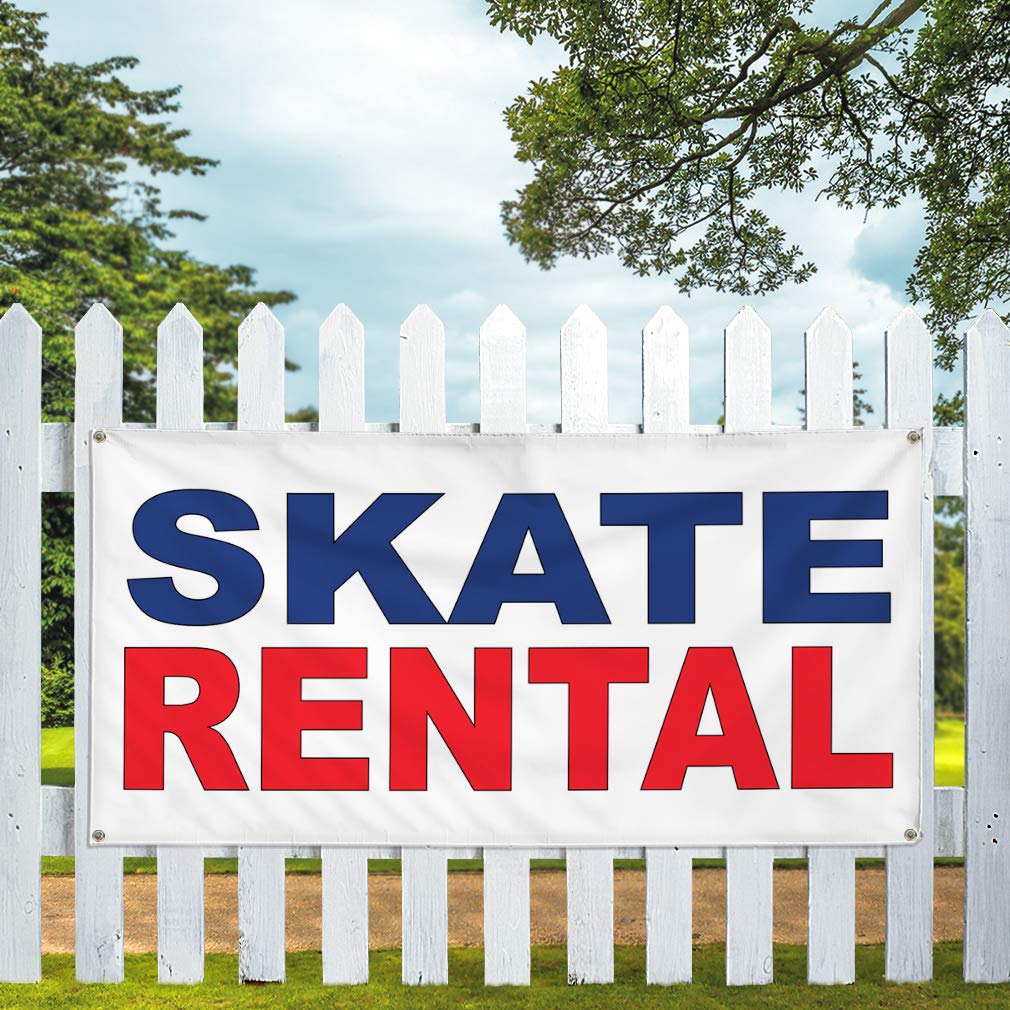 Custom Vinyl Banner 48x96 Inches - Durable Weatherproof Skate Rental & Business Sign with 8 Grommets (Blue/Red) for Outdoor, Industrial & Yard Use - Perfect for Events, Advertising & Storefront Displays