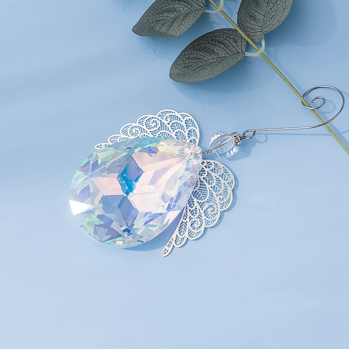 Haning Angel Wings Crystal Suncatcher Pendant - 76mm AB Coated Prism Drop for Windows, Home Decor, Wedding, Party, and Garden Ornament