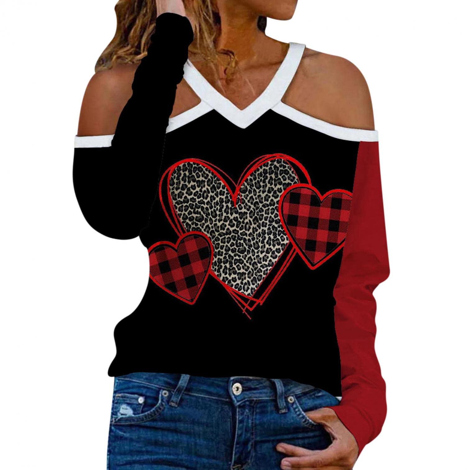 AODONG Valentine's Day Shirts for Women - Cold Shoulder Tops, Casual Loose Halter Neck Graphic Tee, Long Sleeve Blouse for Date Night, Anniversary & Romantic Occasions