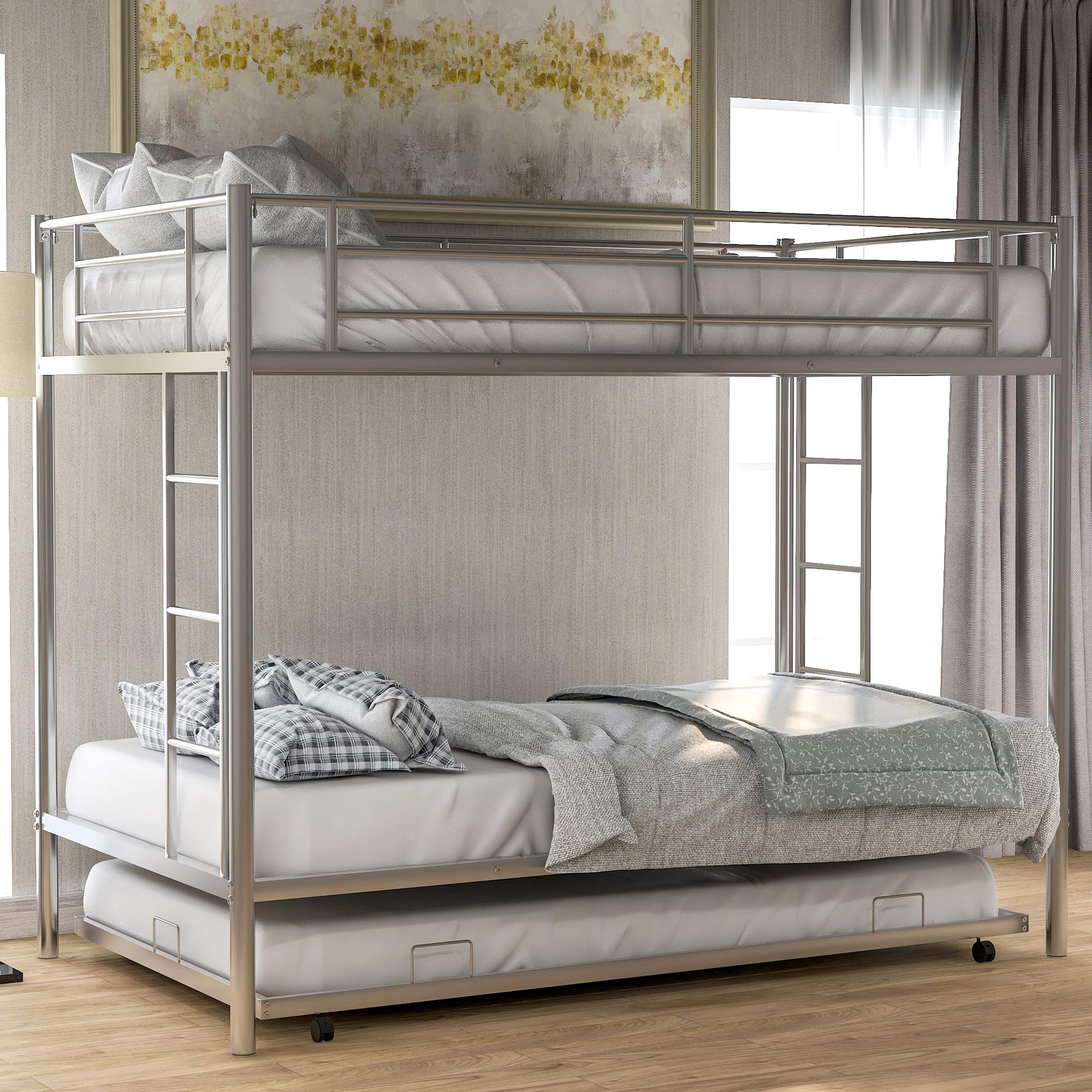 LZ LEISURE ZONE Twin Over Twin Metal Bunk Bed with Trundle - Sturdy Kids & Teens Bunk Bed Frame, No Box Spring Required (Silver) - Perfect for Small Bedrooms, Guest Rooms & Sleepovers