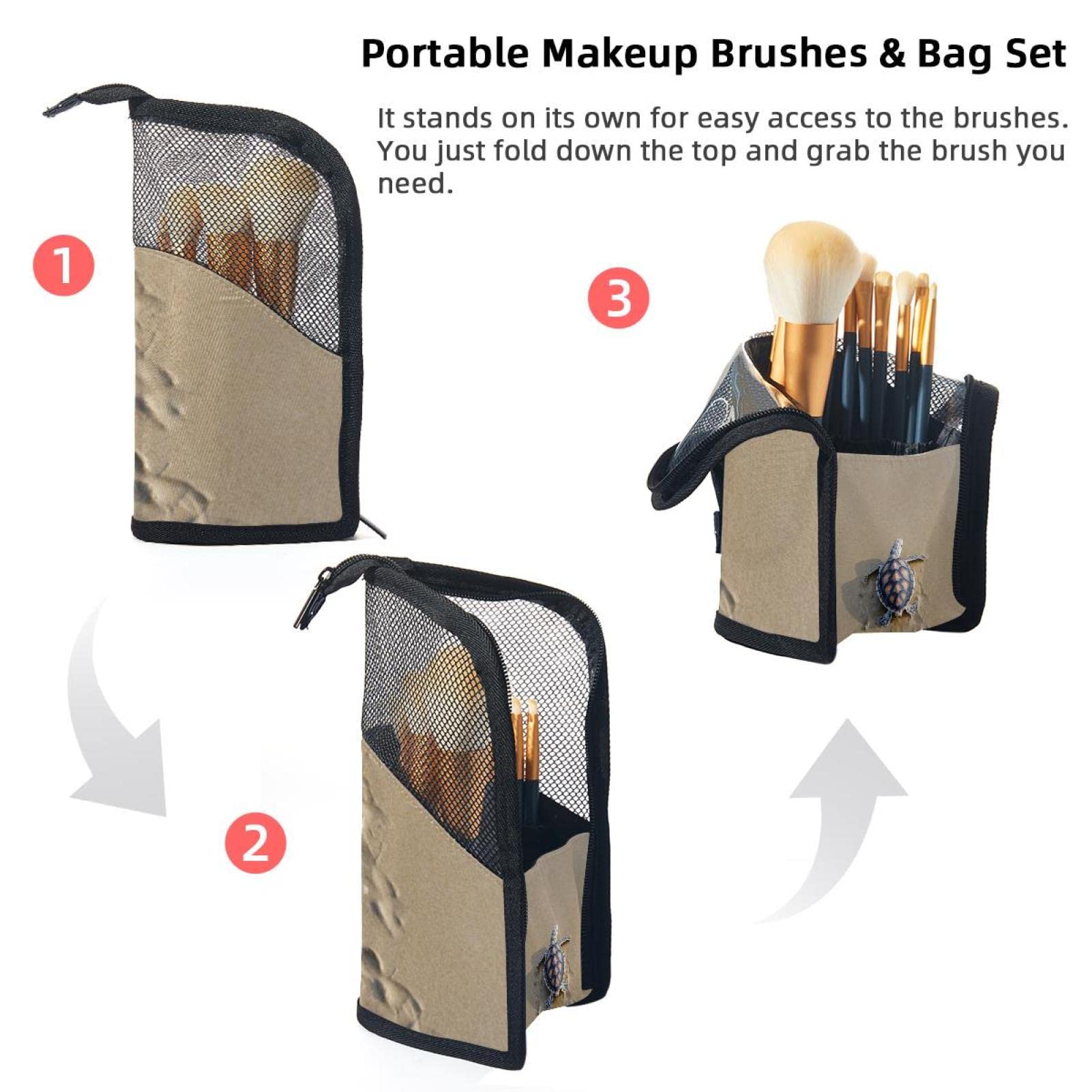 Premium 12-Piece Makeup Brush Organizer Bag with Sea Turtle Design - Portable Travel Makeup Brush Holder Case for Home, Travel & Professional Use