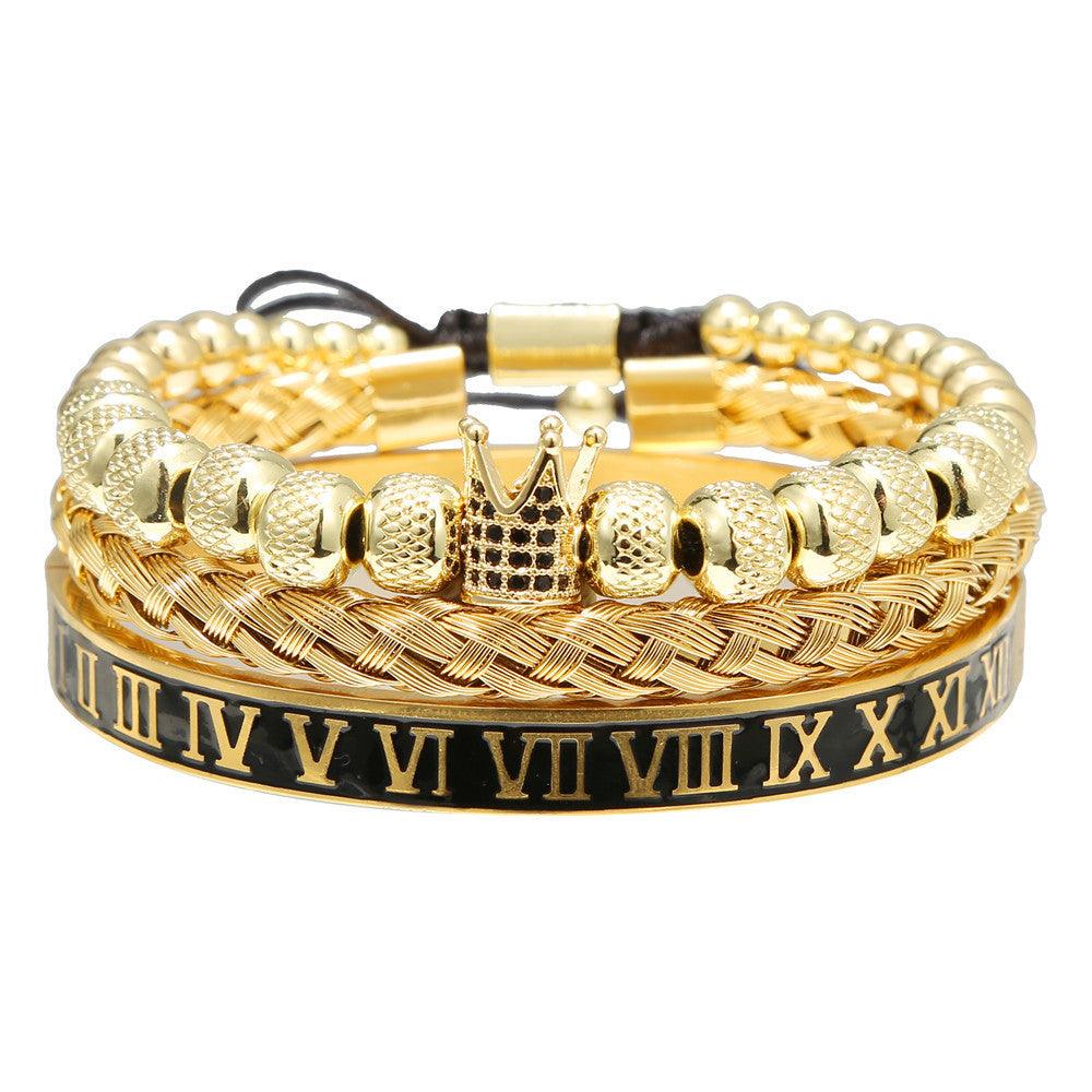 Vintage Crown Woven Bracelet Set - Stainless Steel Roman Letter Charm Bracelets for Women, European & American Retro Style Jewelry - Perfect for Daily Wear, Gift Giving & Special Occasions
