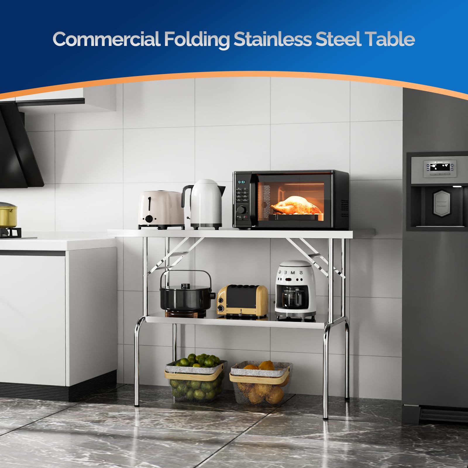 ROVSUN 48 x 24 Inch NSF Certified Stainless Steel Folding Table - Heavy Duty Commercial Prep Table with Undershelf | Portable for Kitchen, Restaurant, Hotel, Outdoor Camping & Picnic | Perfect for Food Prep, Buffet Serving & Outdoor Dining