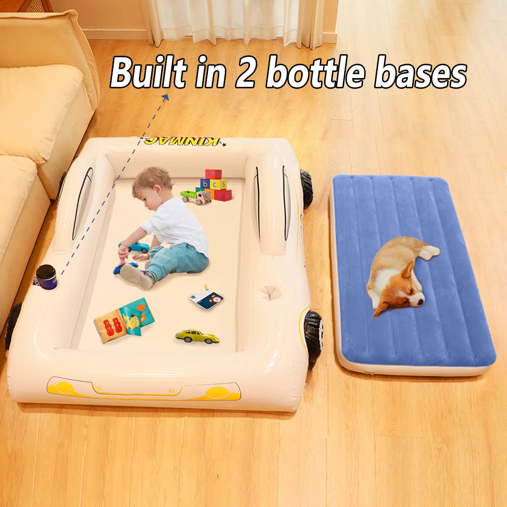 Inflatable Toddler Travel Bed - Portable Air Mattress for Kids Camping, Sleepovers & Road Trips | Racecar Design with Safety Sides | Blow Up Sleeping Pad for Indoor & Outdoor Use (Blue)