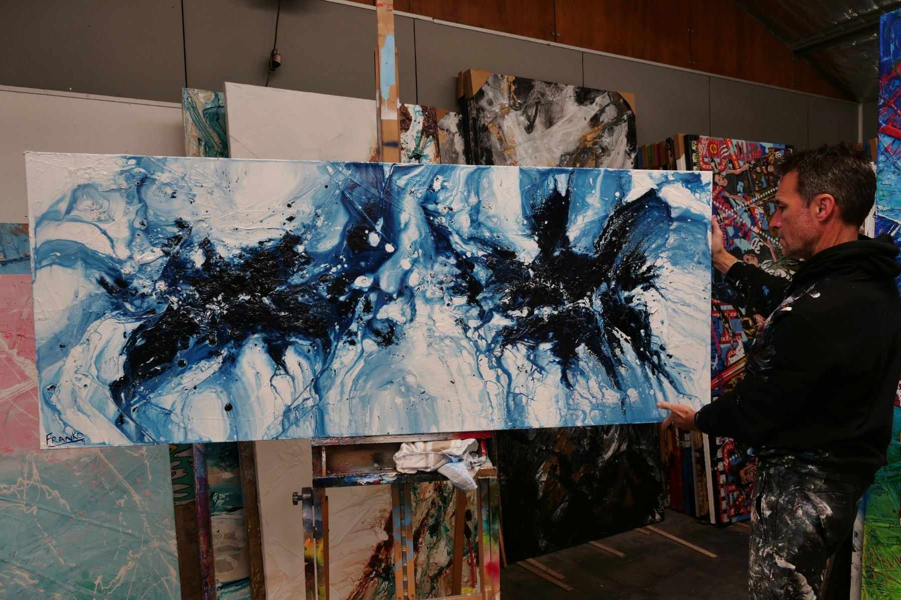 Midnight in the Hamptons 79x31 Inch Blue White Textured Abstract Canvas Art - Modern Wall Decor for Living Room, Bedroom & Office