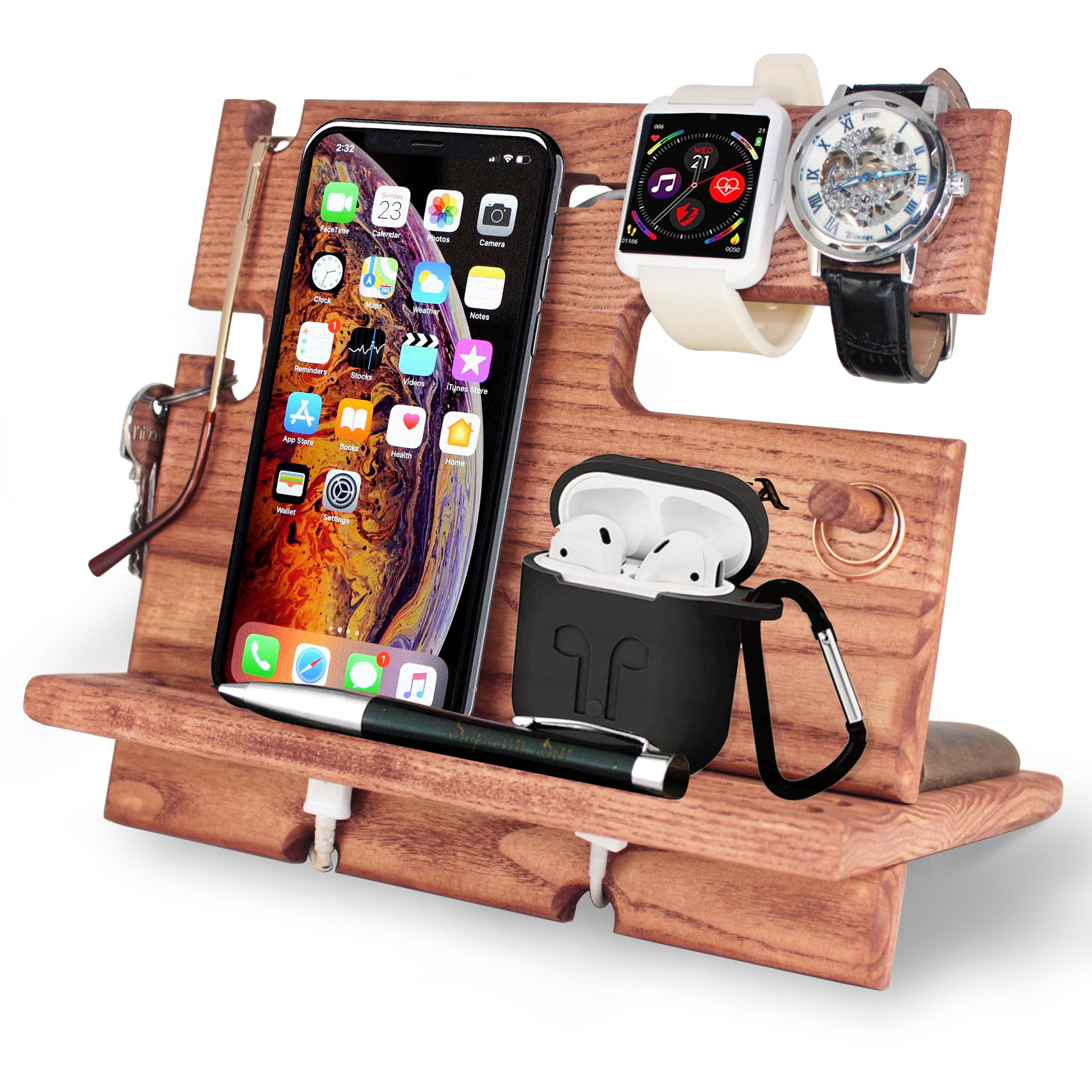 BarvA Rustic Wood Docking Station - Phone Stand & Desk Organizer with Charging Station | Compact Nightstand Organizer for Men's Accessories | Perfect Gift for Men | Home Office & Bedroom Organization Solution