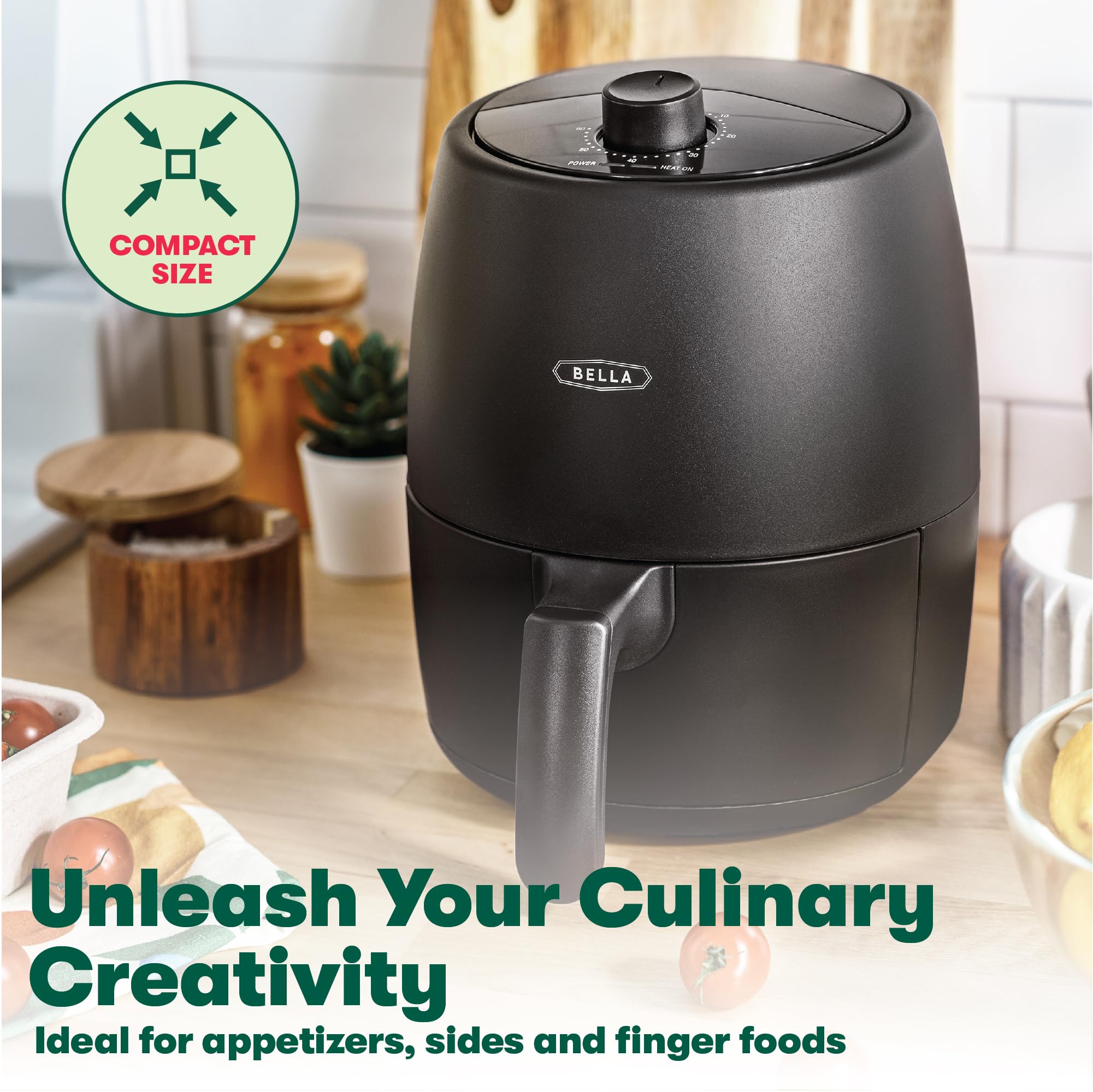 BELLA 2 Quart Manual Air Fryer Oven - 5-in-1 Multicooker with Nonstick Dishwasher Safe Basket & Crisping Tray | 1200W Powerful Heating System | Matte Black | Perfect for Healthy Cooking, Meal Prep & Small Kitchens