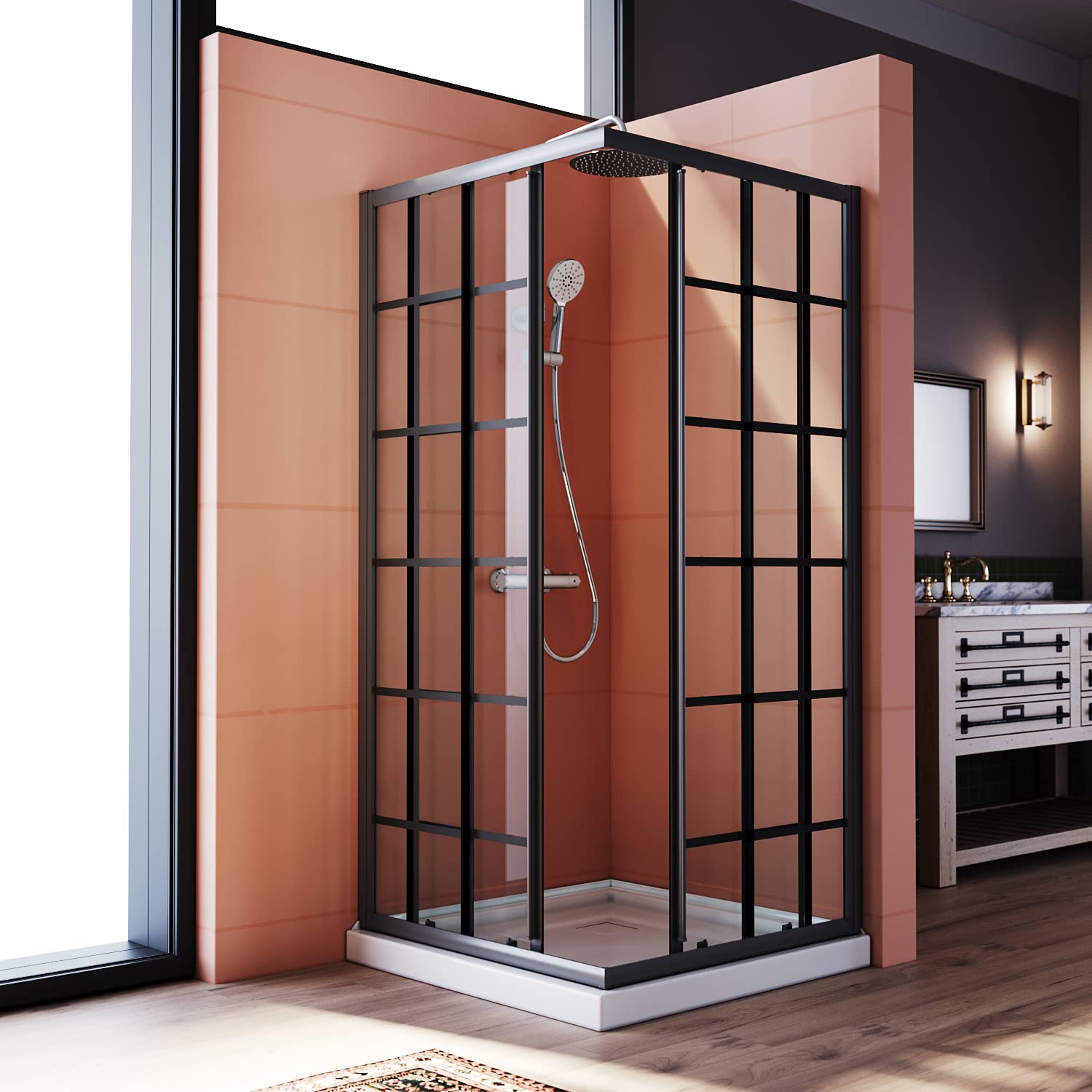 Elegant 34x34x72 Inch Black Framed Corner Shower Enclosure with Double Sliding Doors & 1/4