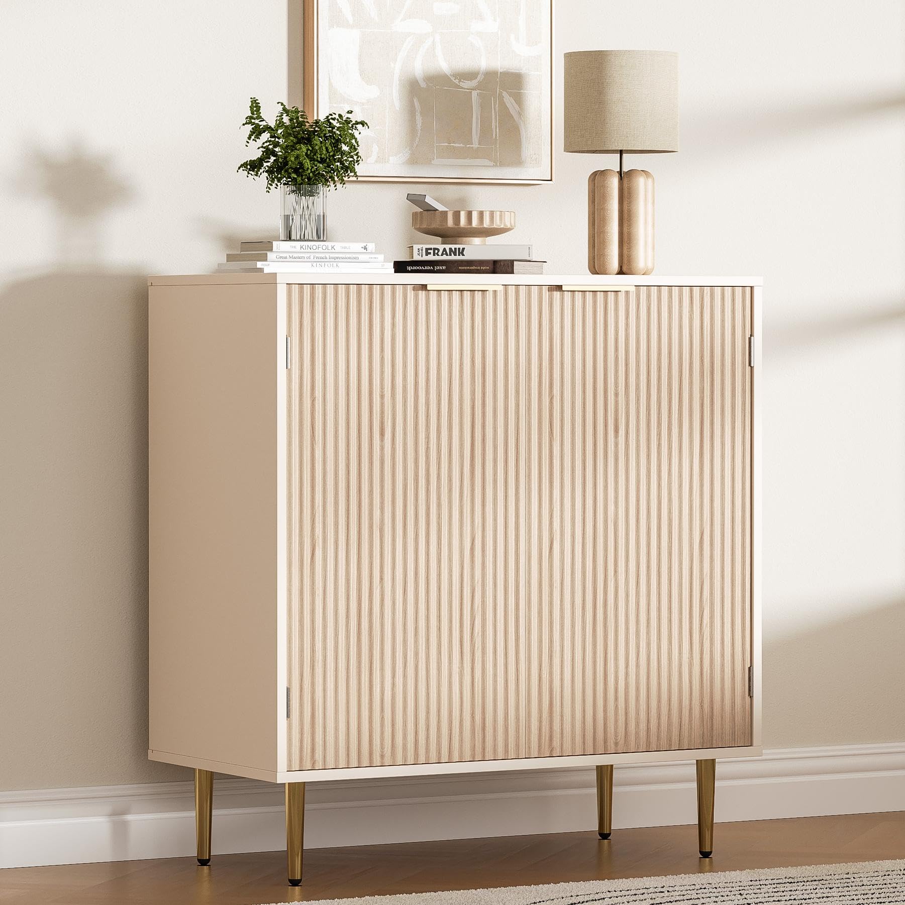 Modern Oak Buffet Sideboard Cabinet with 2 Doors & Gold Handles - Adjustable Shelf Kitchen Storage Cabinet for Dining Room - Perfect for Coffee Bar Setup, Kitchen Organization & Home Decor Accent