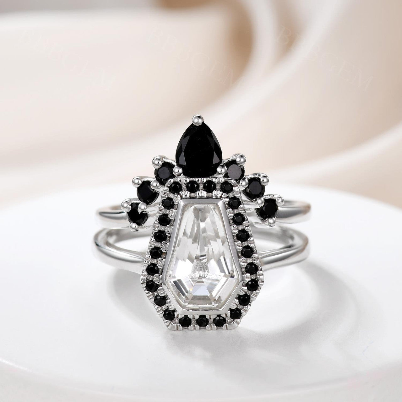 14K White Gold Coffin Cut White Topaz & Black Diamond Gothic Engagement Ring Set (2-Piece) – Perfect for Dark Romance Weddings, Gothic Proposals, and Alternative Jewelry Lovers