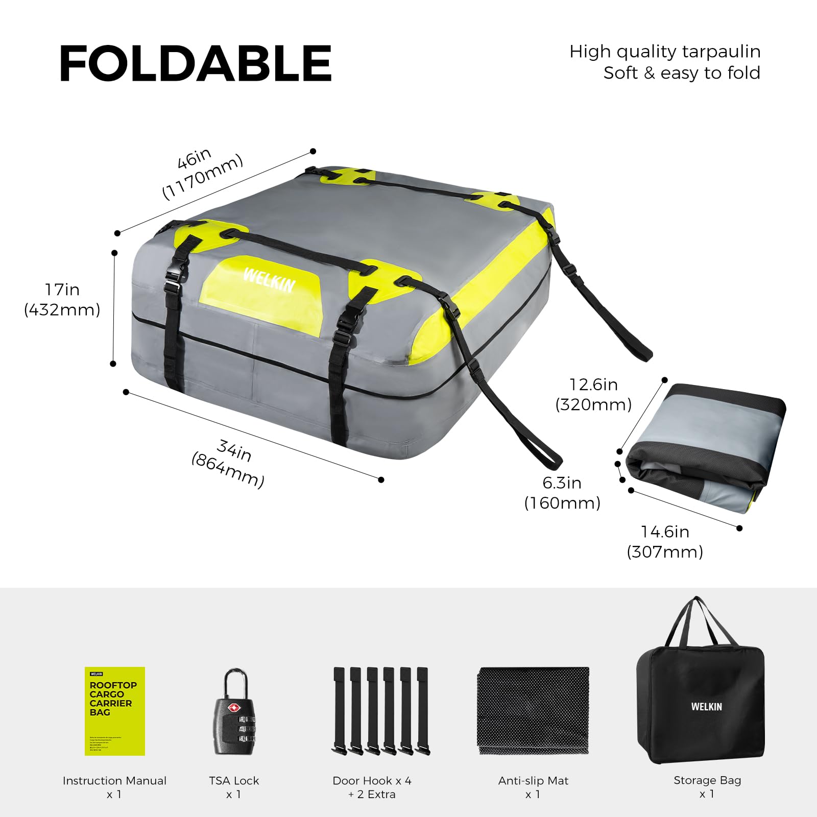WELKIN Heavy Duty Waterproof Rooftop Cargo Carrier Bag - 15 Cubic Feet Car Roof Storage for All Vehicles (With/Without Rack) | Includes Anti-Slip Mat, 6 Door Hooks, TSA Lock & Storage Bag | Perfect for Road Trips, Camping & Outdoor Adventures