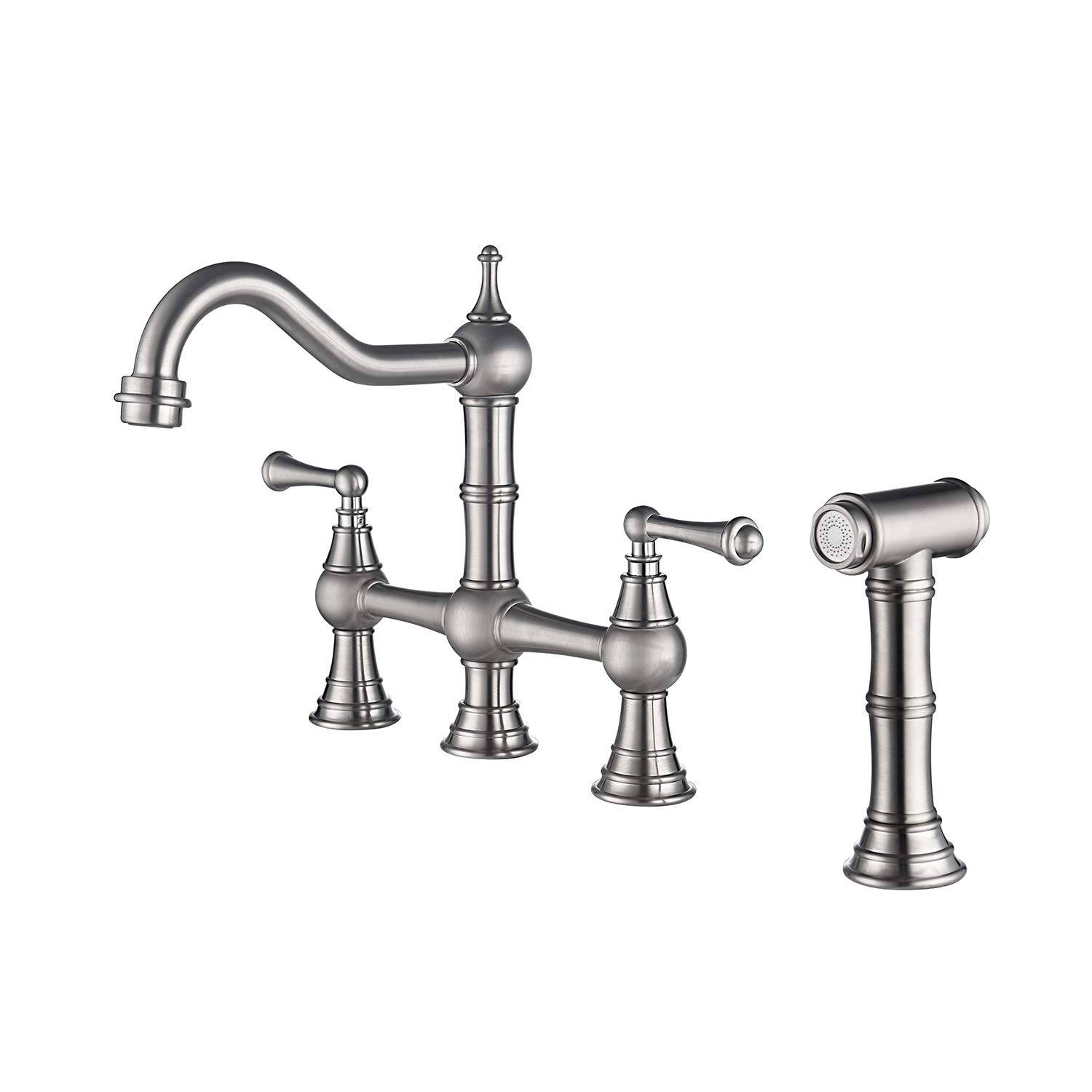 Modern Bridge Kitchen Sink Faucet with Pull-Out Sprayer - Dual Handle Rotary Nozzle Solid Brass Basin Faucet for Home, Restaurant & Commercial Use