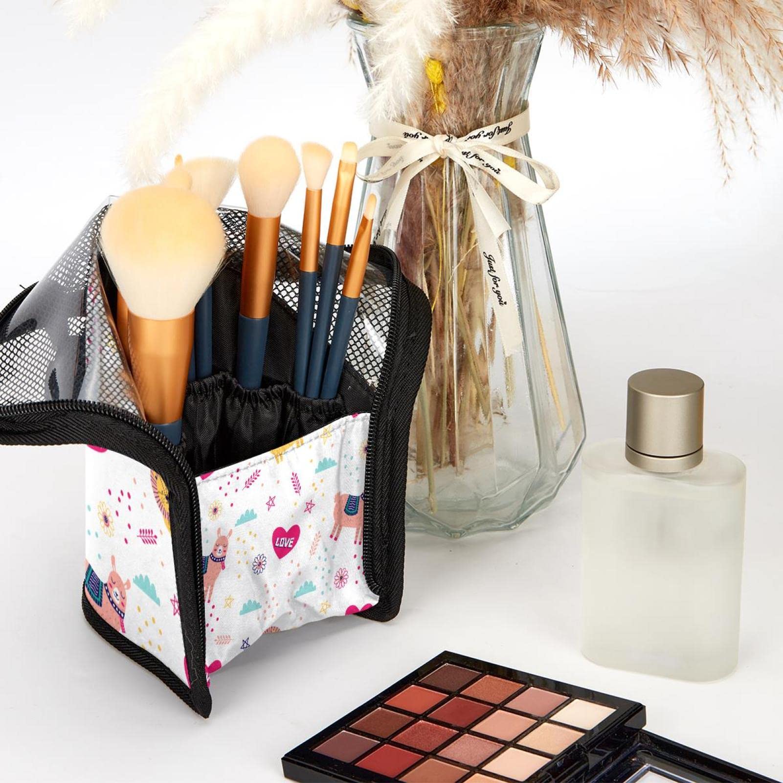12-Piece Makeup Brush Organizer Bag with Colorful Doodle Animal Design - Portable Cosmetic Brush Holder Case for Travel & Home Vanity Storage