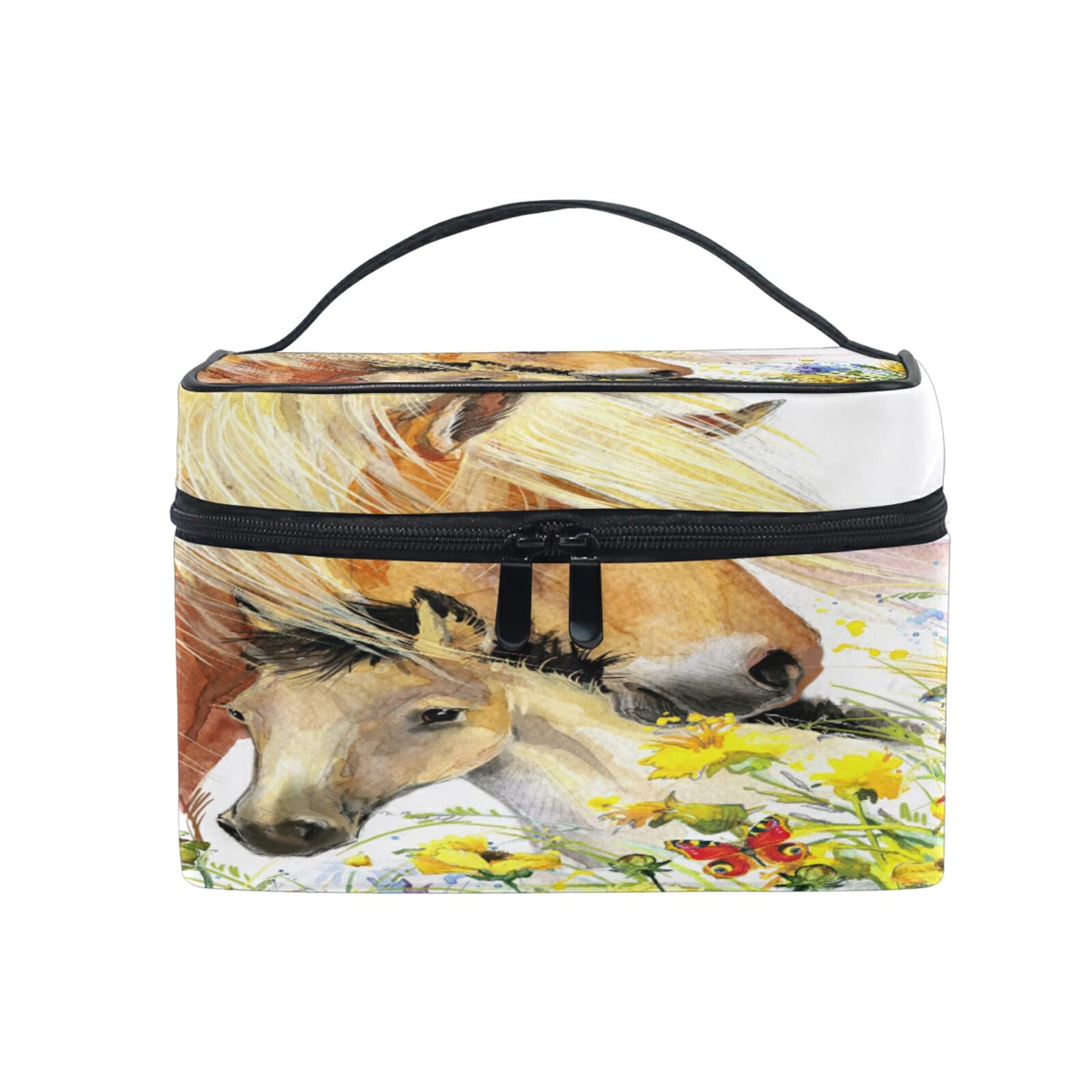 **Floral Horse Print Cosmetic Bag with Handle - Travel Makeup Organizer for Women & Girls - Perfect for Travel, Gym, and Daily Storage**