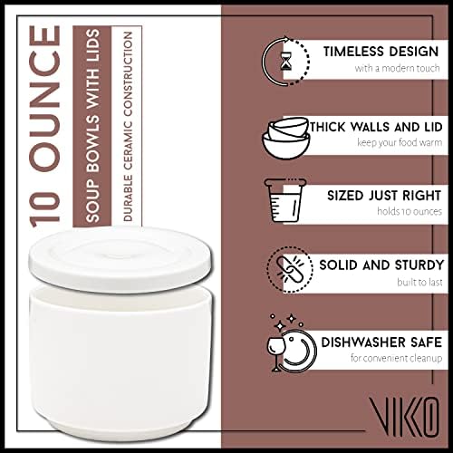 Vikko 10 oz White Ceramic Soup Crocks with Lids - Set of 6 Microwave & Dishwasher Safe Soup Bowls - Perfect for French Onion Soup, Ramen, and Home Dining