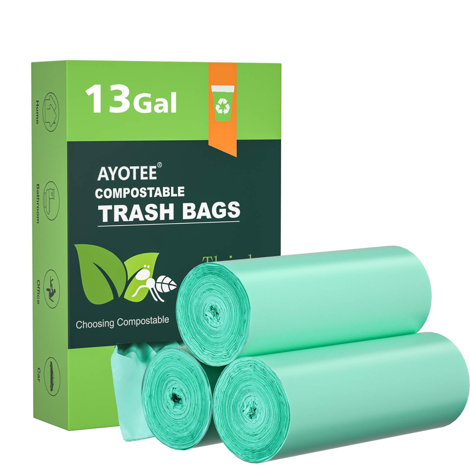 AYOTEE 13 Gallon Compostable Trash Bags - 45 Count Biodegradable Kitchen Garbage Bags | Eco-Friendly Compost Bin Liners for Kitchen, Bathroom, Home & Office | Perfect for Food Waste, Recycling & Daily Trash Disposal