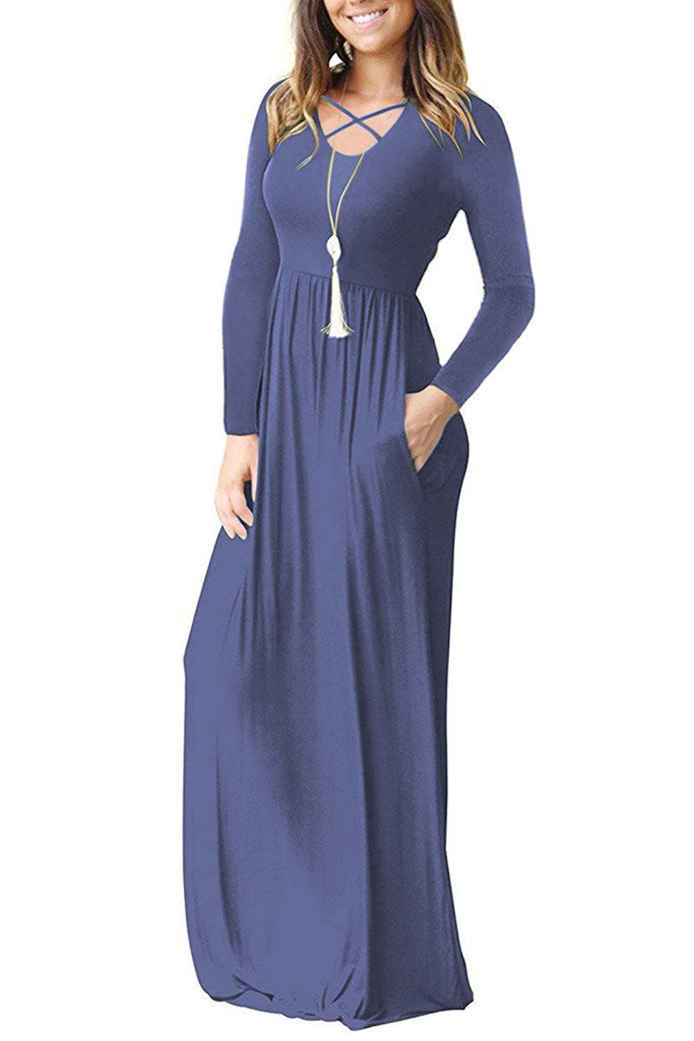 LILBETTER Women's Long Sleeve Maxi Dress - Loose Fit Casual Plain Long Dress with Pockets | Perfect for Everyday Wear, Beach Cover Up & Vacation Outfits