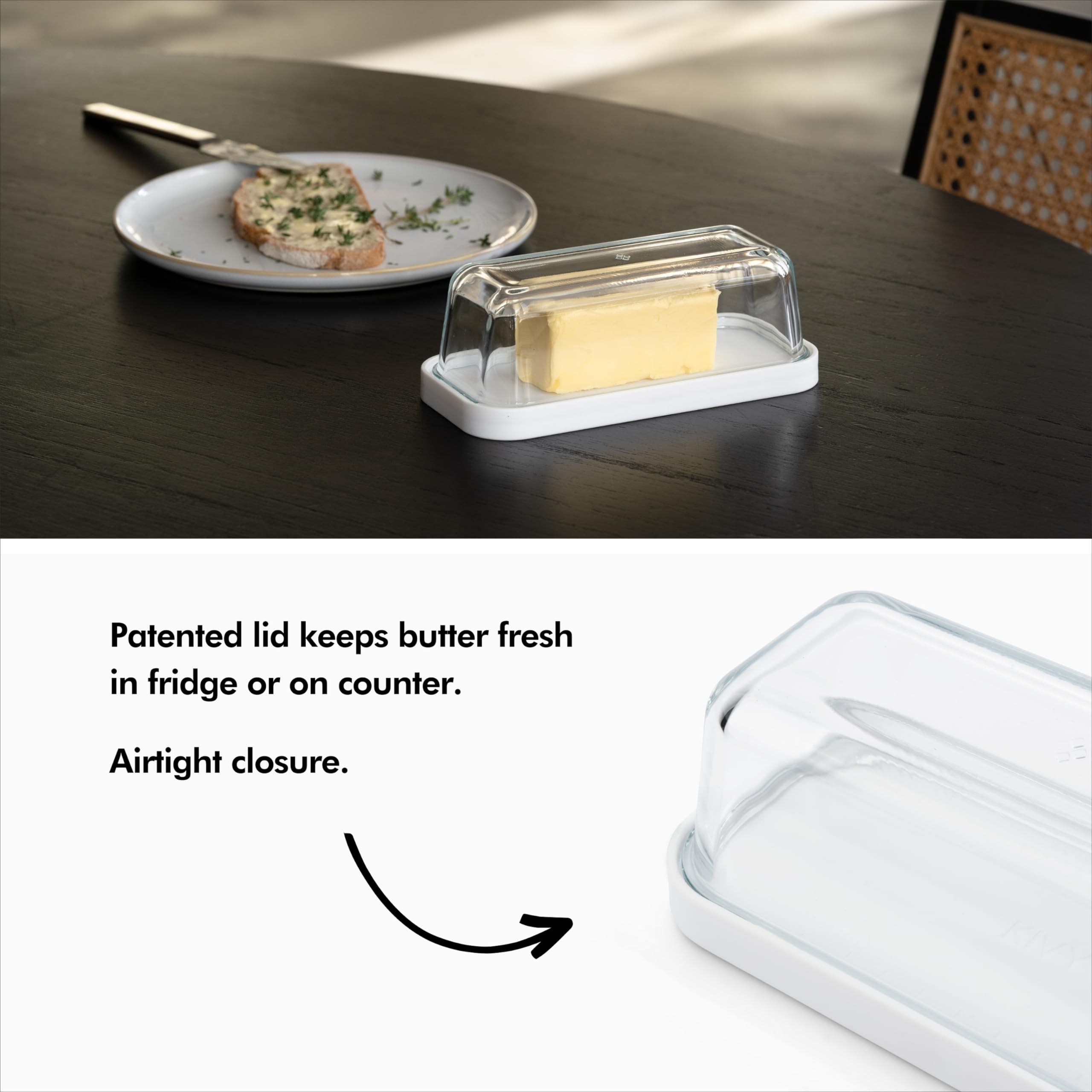 KIVY Airtight Glass Butter Dish with Lid - Keeps Butter Soft & Fresh - Crystal Clear Butter Holder for Countertop & Refrigerator - Perfect for Kitchen, Dining Table & Breakfast Nook