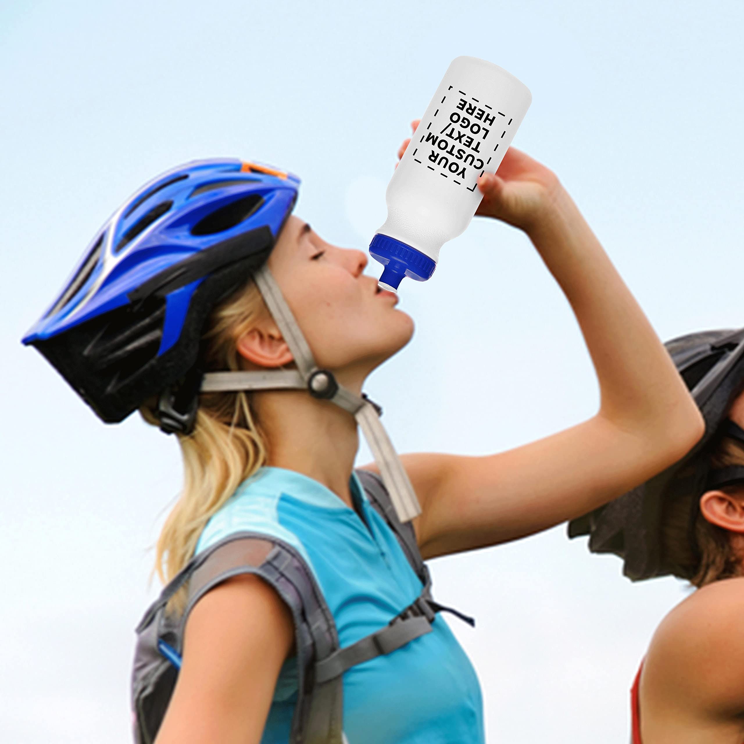 Custom White Water Bottles with Push Cap - 100 Pack, Personalized Text & Logo, 20 oz BPA-Free Reusable Squeeze Bottles in Bulk (White/Blue) - Perfect for Promotions, Events, Gifts & Corporate Branding