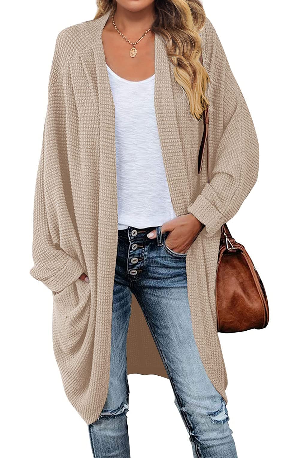 MEROKEETY Women's 2024 Fall Waffle Knit Batwing Long Sleeve Cardigan - Loose Open Front Sweater Coat for Casual Outfits & Layering | Perfect for Office, Coffee Dates and Autumn Strolls