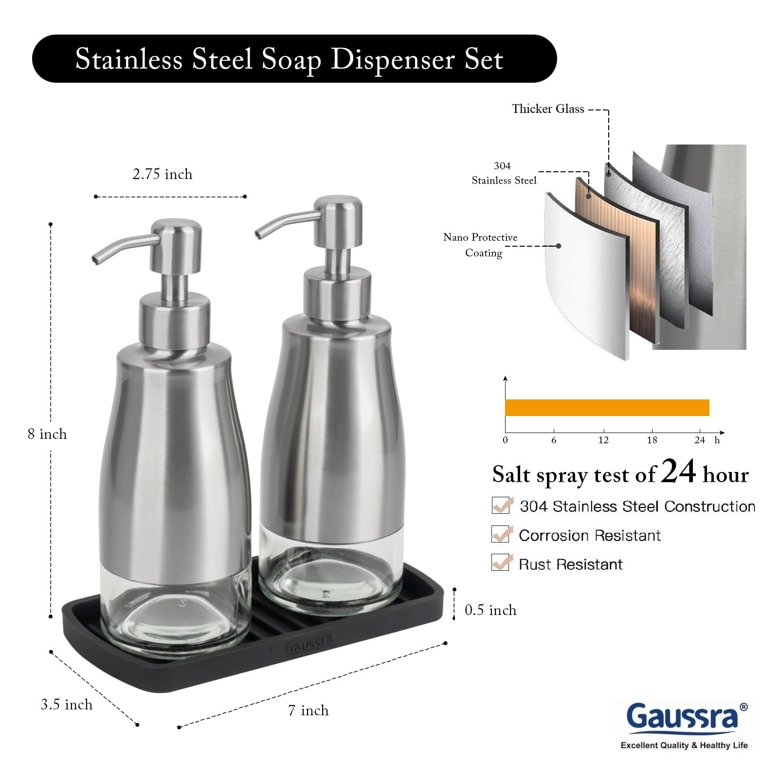 Premium Brushed Nickel Stainless Steel Glass Soap Dispenser Set with Silicone Tray & Stickers - Refillable Hand & Dish Soap Dispenser for Kitchen Sink, Bathroom Countertop - Elegant Home & Office Decor