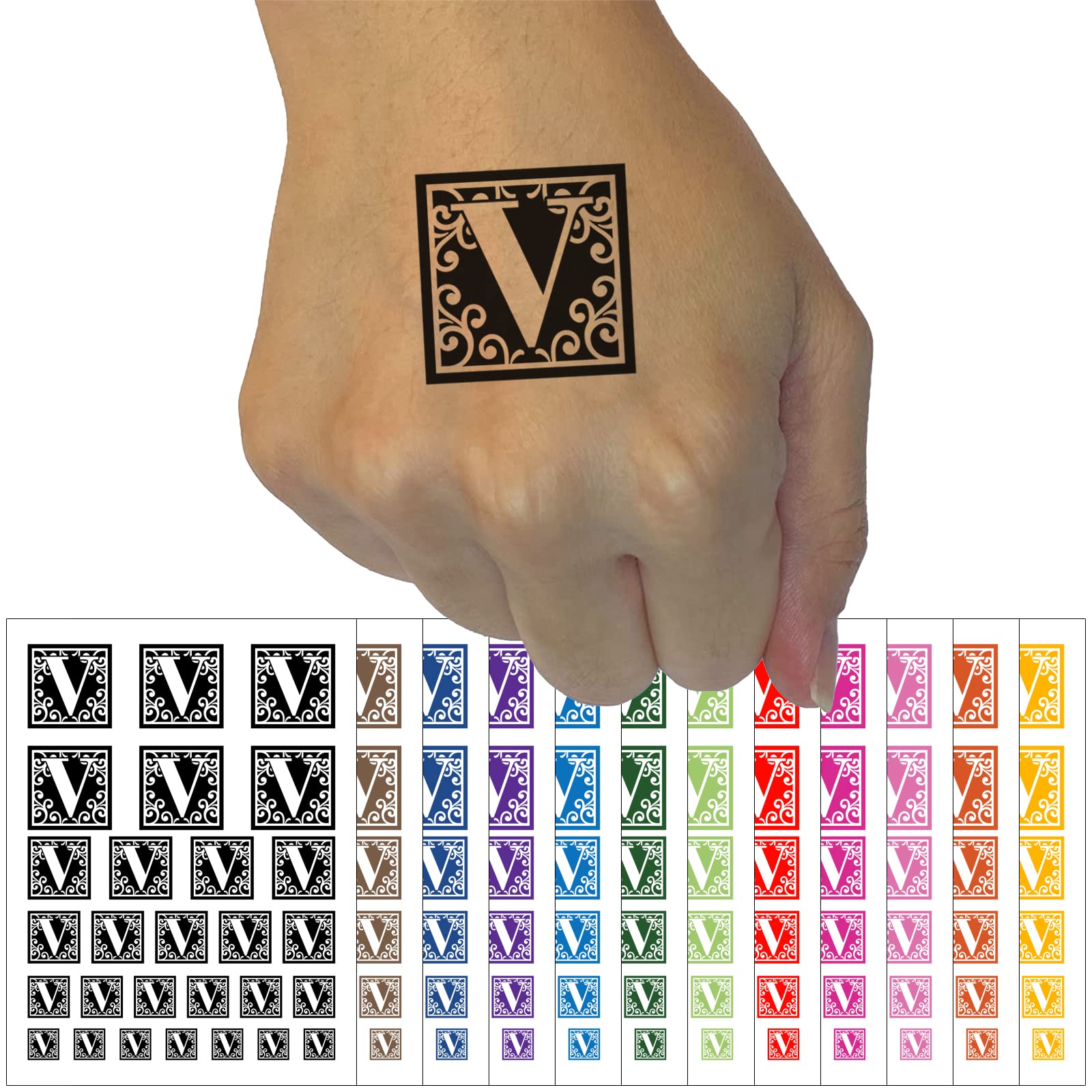 Monogram Swirls Capital Letter V Temporary Tattoo - Waterproof Fake Body Art Stickers for Women & Men - Perfect for Parties, Festivals, and Photo Shoots (Red, 1 Sheet)