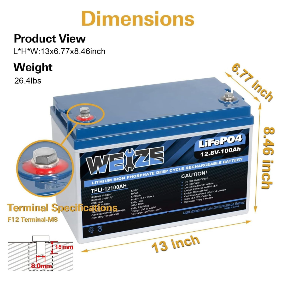 WEIZE 12V 100Ah 1280Wh LiFePO4 Lithium Deep Cycle Battery - Group 31 Size for RVs, Solar Systems, Marine & Off-Grid Power - Long Lasting Energy Storage Solution