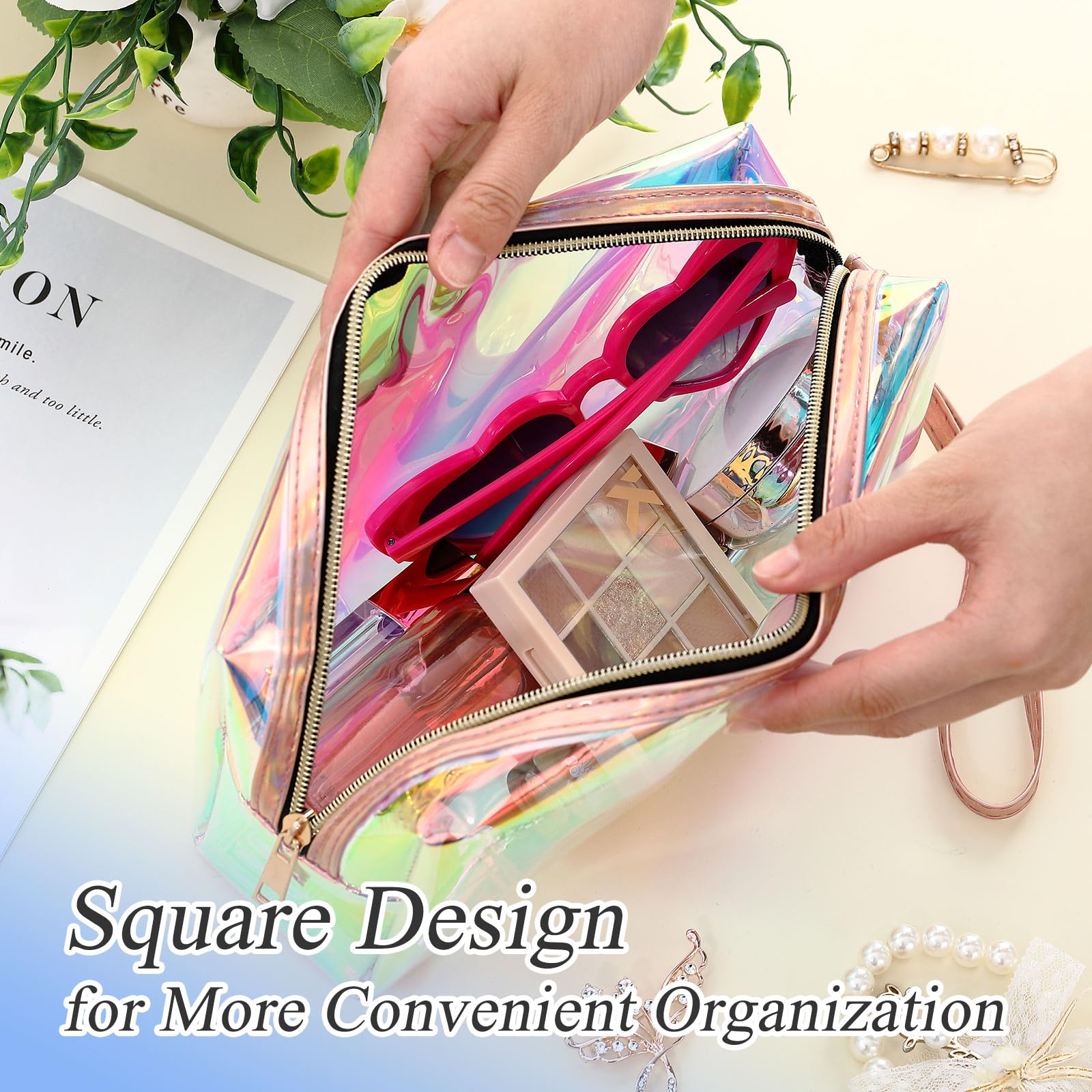 8 Pack Holographic Clear Makeup Bags with Zipper - Waterproof Travel Cosmetic Organizer, Iridescent Toiletry Pouch with Wrist Loop for Women - Perfect for Vacation, Gym, Office, Diaper Storage & Gift Giving (Large Size)