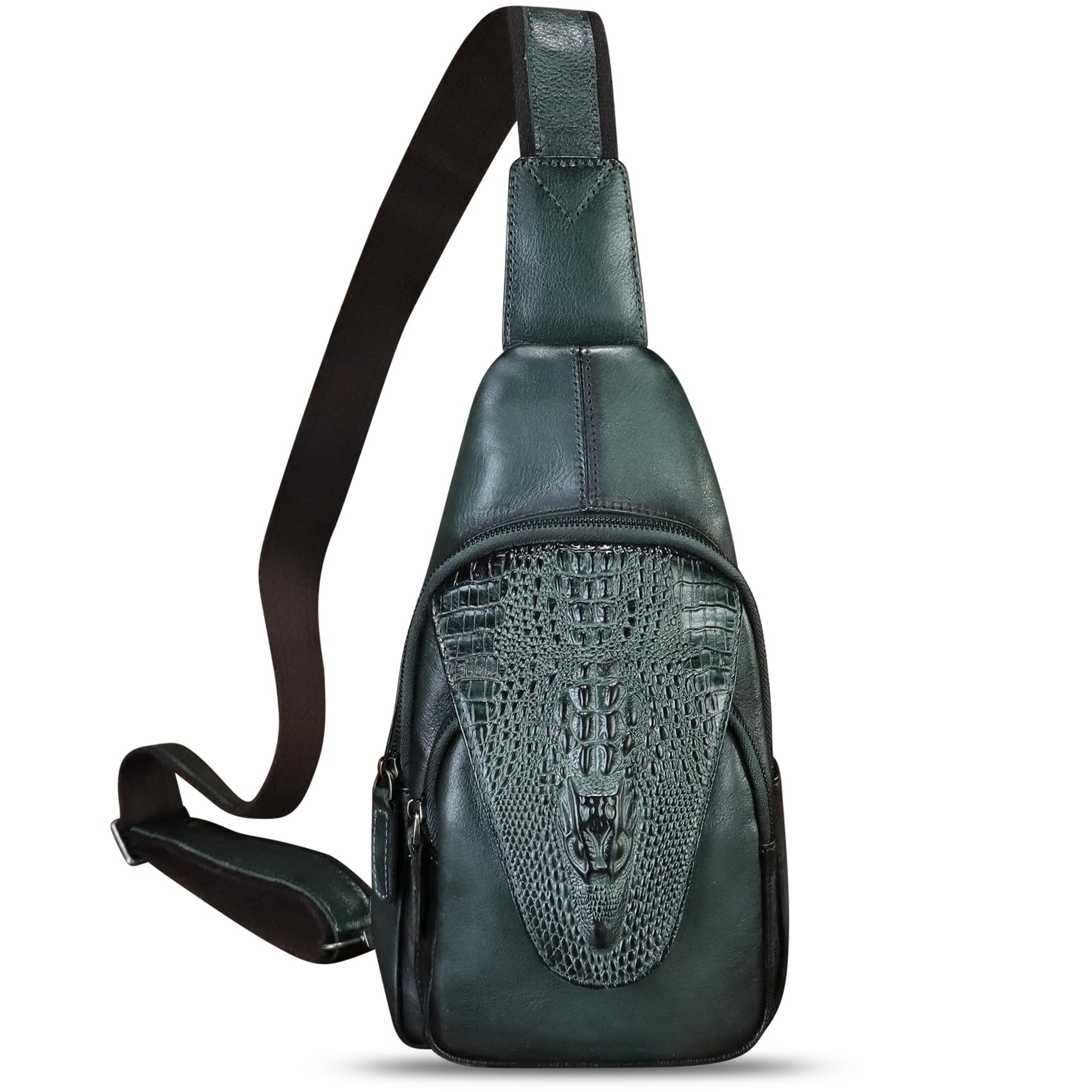 **Genuine Leather Sling Bag for Men & Women – Embossed Crocodile Pattern Crossbody Backpack, Handmade Chest Purse Daypack – Dark Grey – Perfect for Travel, Work & Daily Use**
