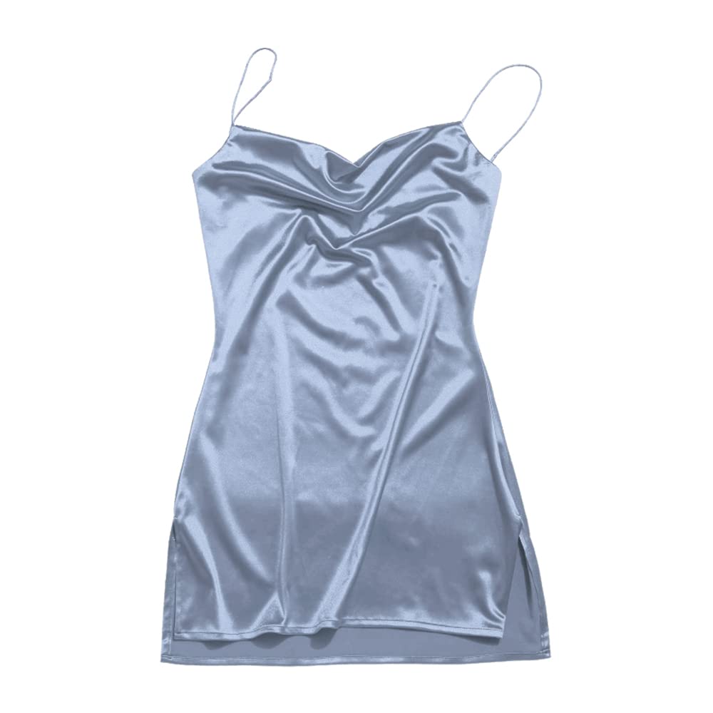 ZAFUL Women's Satin Sleeveless Spaghetti Strap Mini Dress with Side Slit & Cowl Neck - Sexy Cocktail Party Dress for Night Out, Club, Date Night, Wedding Guest, Summer Vacation