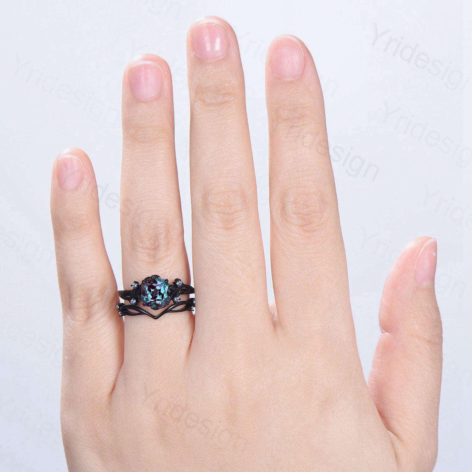 Unique Gothic Alexandrite Wedding Ring Set - Black Gold Cushion Cut Evil Eye Engagement Ring for Women | Nature-Inspired Bridal Jewelry for Weddings & Special Occasions
