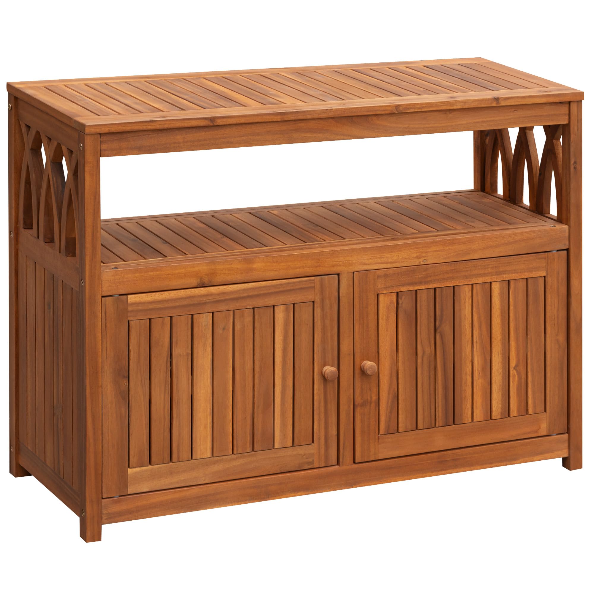 **Weatherproof Acacia Wood Outdoor Storage Cabinet with 2 Magnetic Doors – Ideal for Patio, Garden, Backyard, TV Stand, Bar Table & Potting Bench (Brown)**