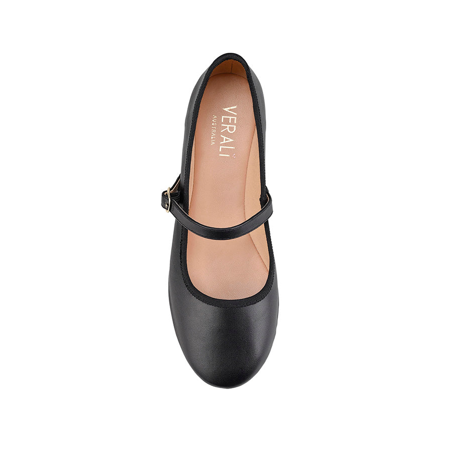 Bambi Mary Jane Flats for Women - Black Smooth Leather Comfortable Ballet Shoes for Work, Office & Casual Wear