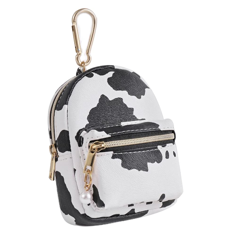 Printed Cow Pattern Mini Coin Purse - Cute Small Wallet Keychain Pouch for Women - Real Littles Backpack Style - Perfect for Keys, Coins & Cards (White) - Great for Everyday Use, Travel & Gifts