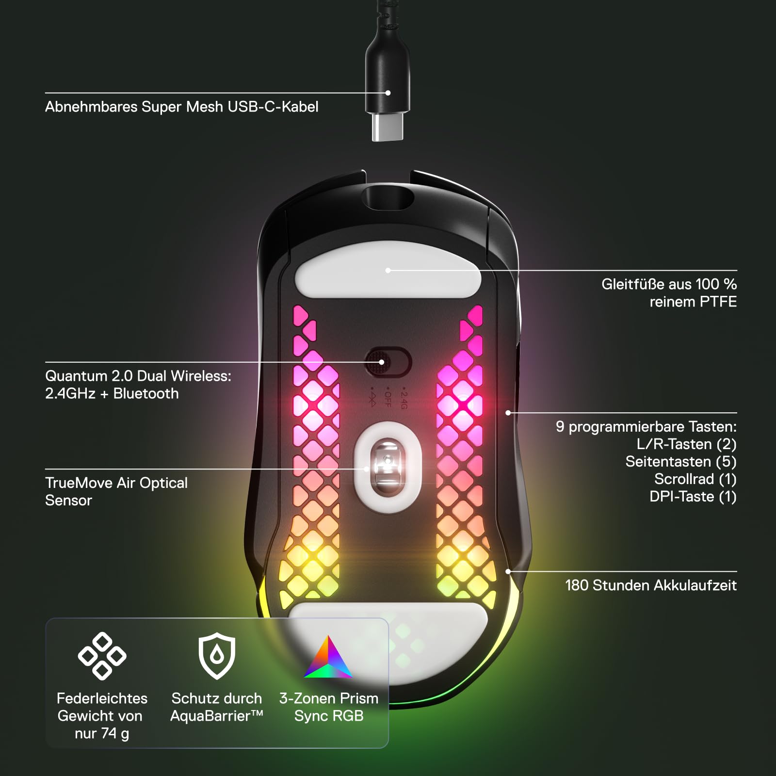 SteelSeries Aerox 5 Wireless RGB Gaming Mouse - Ultra-Lightweight Honeycomb Design with Water-Resistant Coating - 9 Programmable Buttons - Bluetooth & 2.4GHz Wireless - 18,000 DPI TrueMove Air Optical Sensor - Perfect for FPS, MOBA, and Esports Gaming
