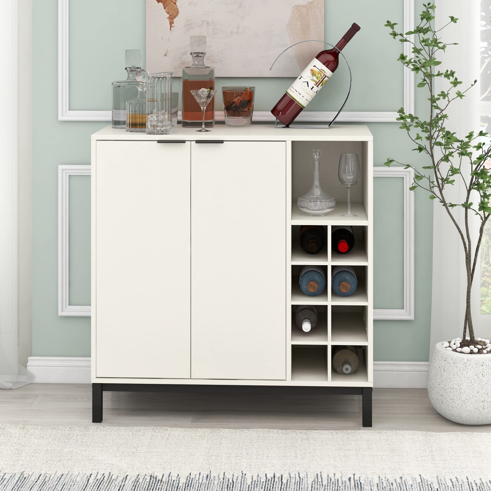 Tmosi 34 Inch White Wine Bar Cabinet - Removable Wine Rack, Coffee Bar Storage with Adjustable Shelves & Stemware Racks - Perfect for Kitchen, Living Room, Restaurant or Home Bar Setup