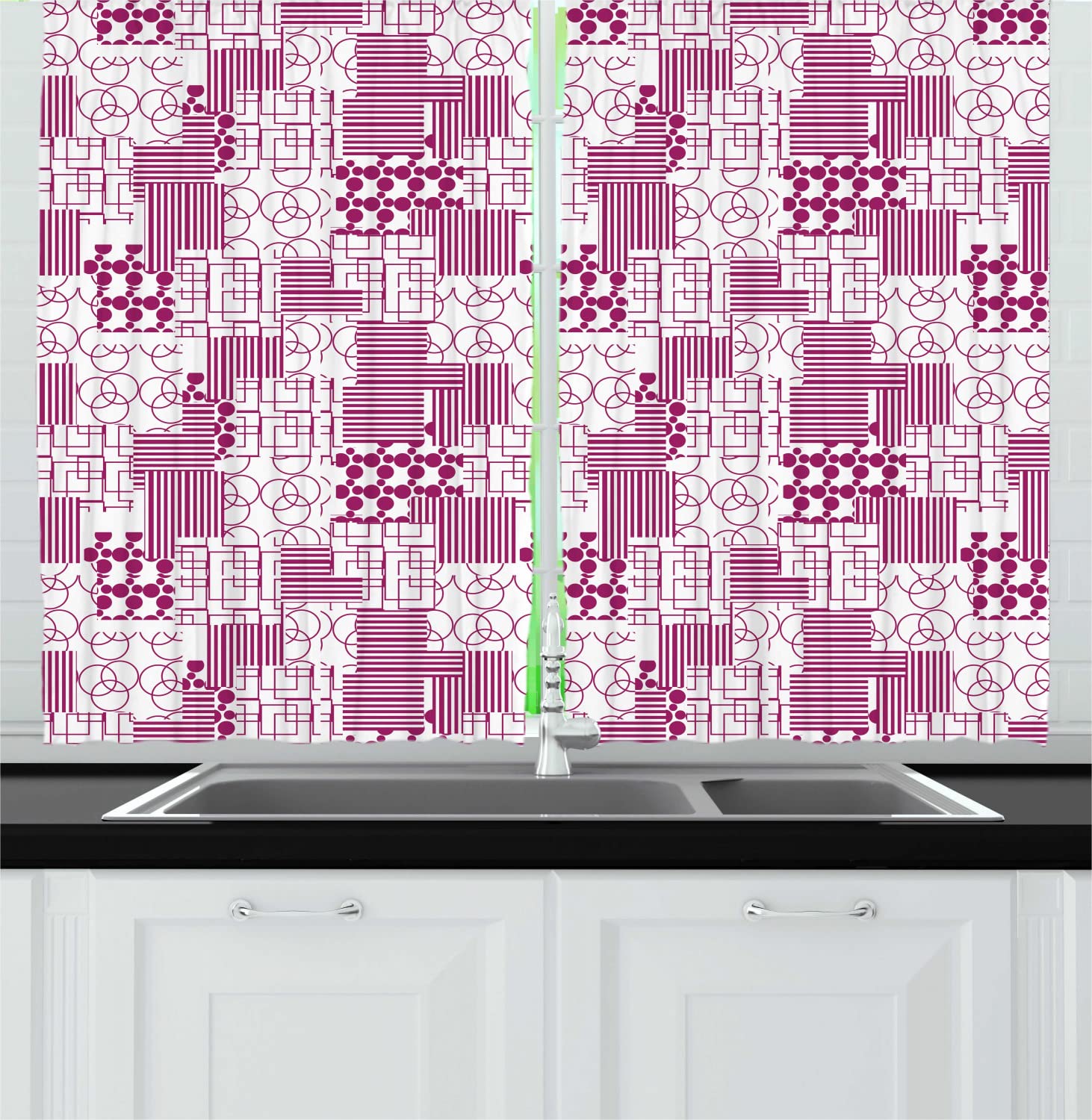 Ambesonne Abstract Long Kitchen Curtains - Monochromatic Dot Stripes & Intertwined Circles Pattern - 2 Panel Rod Pocket Drapes 55