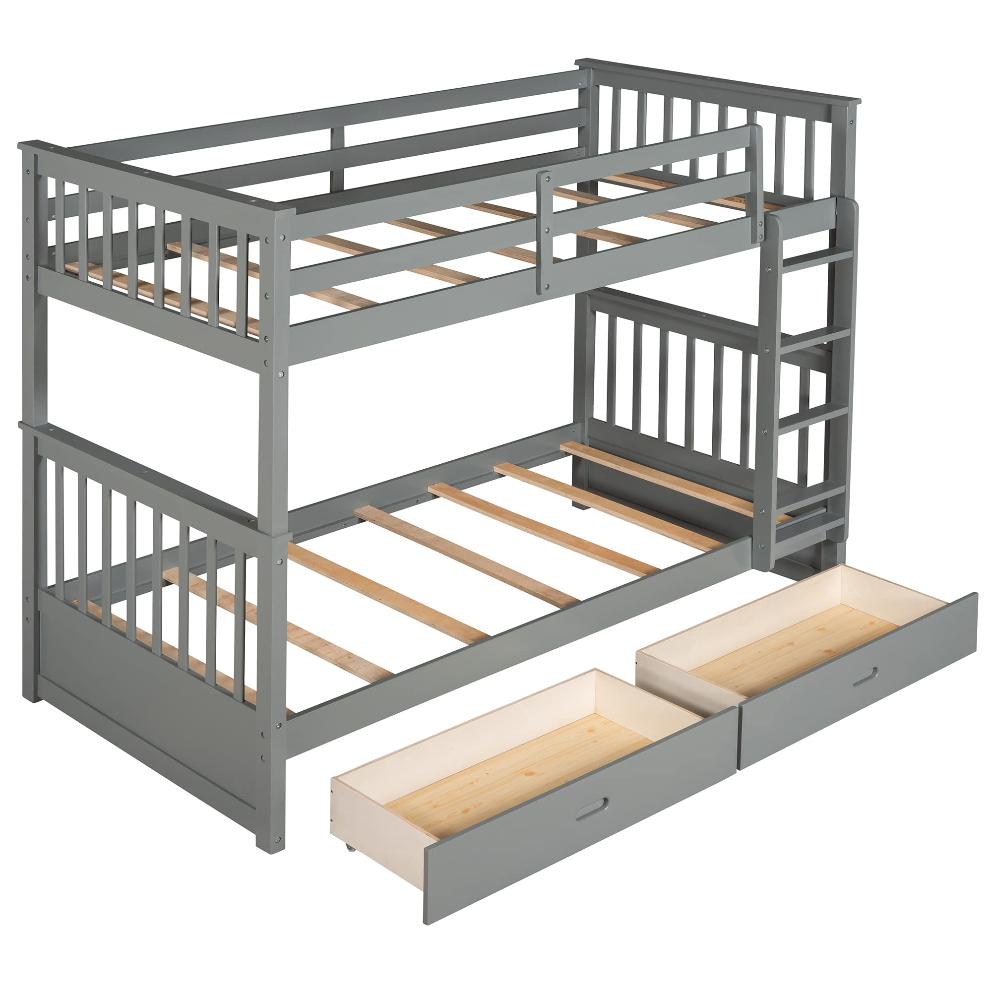 P PURLOVE Twin Over Twin Bunk Bed with 2 Storage Drawers, Solid Wood Bunk Bed Frame with Ladder, Convertible to 2 Separate Twin Beds for Teens, Kids, Boys & Girls - No Box Spring Needed (Gray) | Space-Saving Solution for Small Bedrooms, Dorm Rooms & Shared Kids' Rooms
