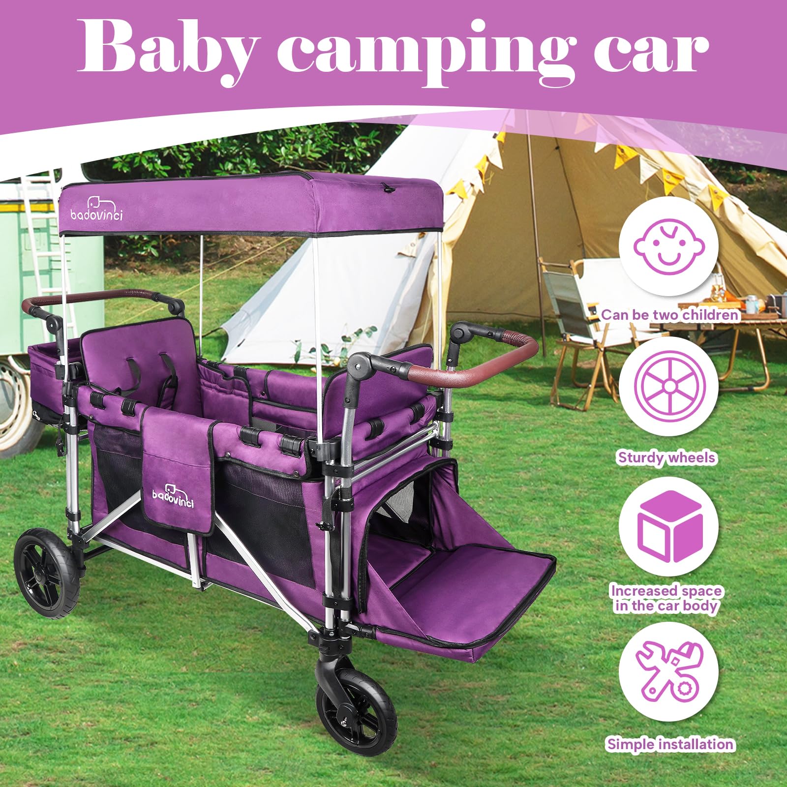 2-in-1 Stroller Wagon for Kids - Double Seat with 5-Point Safety Harness & Adjustable Canopy - Foldable Push-Pull Design for Outdoor Adventures, Shopping, and Family Outings | Perfect for Parks, Camping, and Grocery Trips