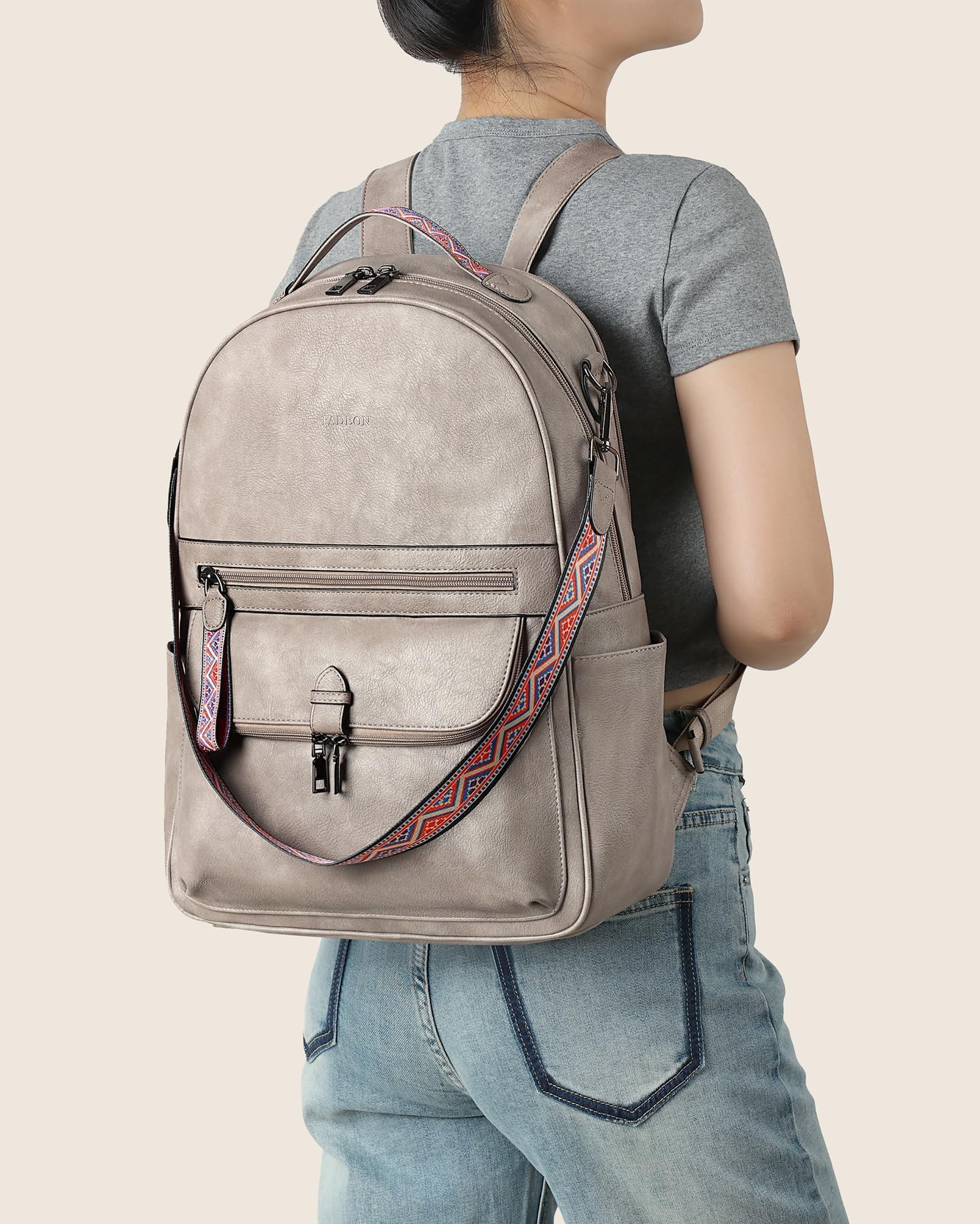 FADEON 15.6 Inch Women's Leather Laptop Backpack - Stylish PU Travel Backpack with Dedicated Laptop Compartment for Work & Business - Perfect for Office, College & Commuting (Grey)