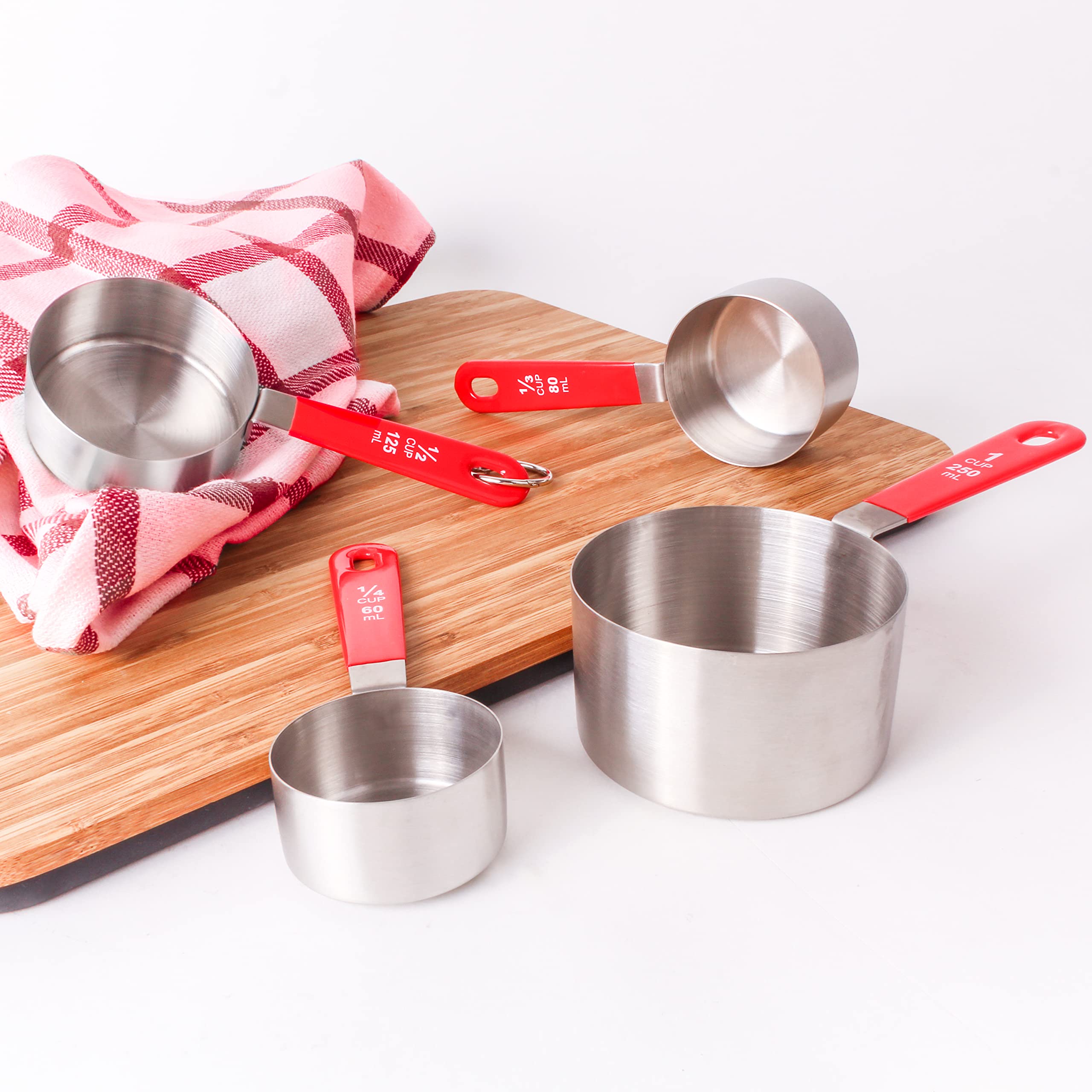BergHOFF 4-Piece Stainless Steel Measuring Cups Set - Round, Silver & Red, Stackable with Hanging Loop for Baking, Cooking & Kitchen Organization