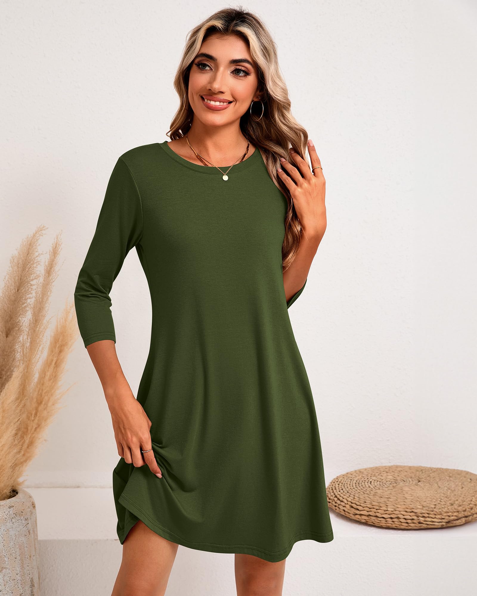 Huukeay Women's 3/4 Sleeve T-Shirt Dress 3 Pack - Casual Crew Neck Loose Fit Swing Tunic Dresses for Fall | Perfect for Work, Weekend Outings and Autumn Layering
