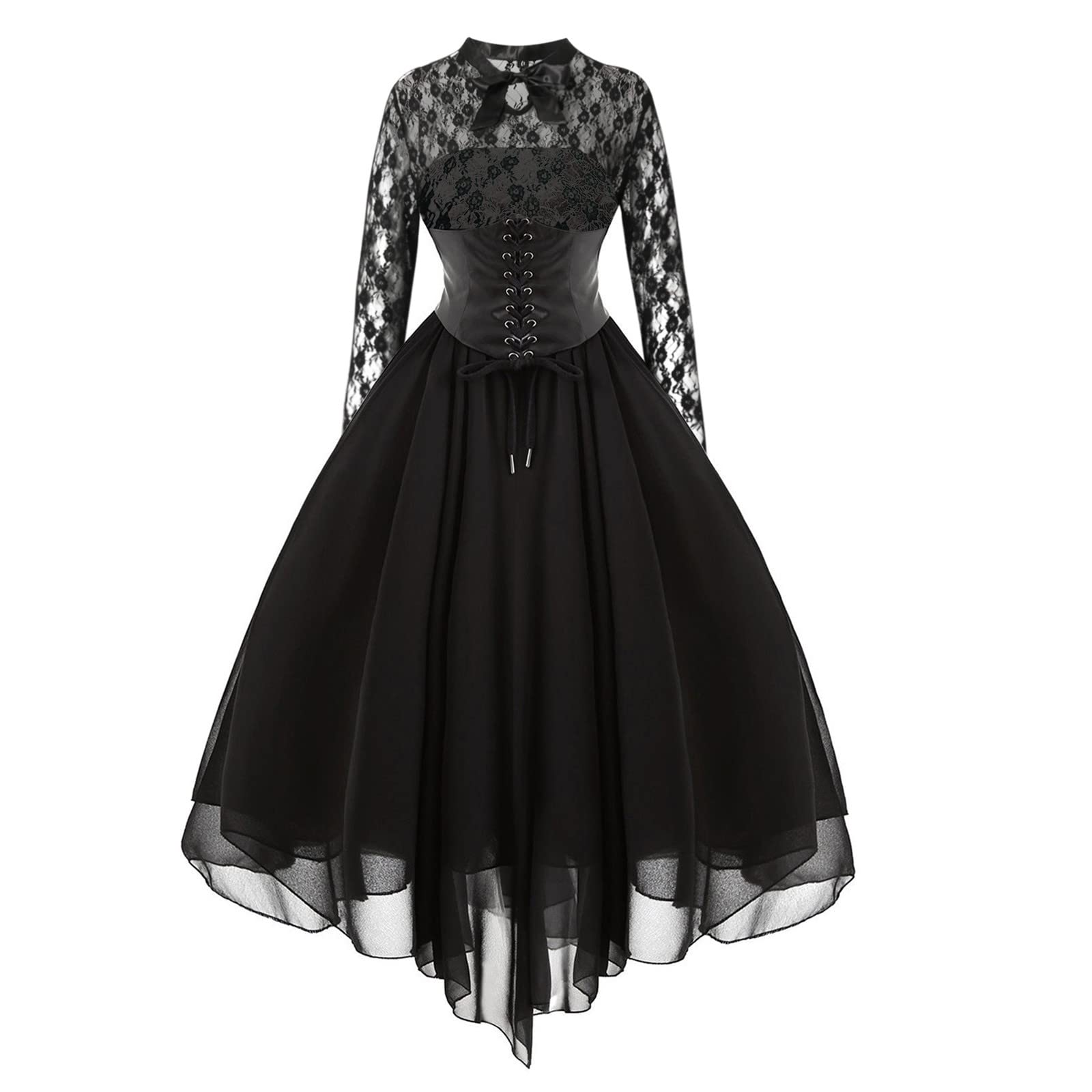 Gothic Halloween Dress for Women - Long Sleeve Corset Lace Swing Cocktail Dress | Punk Hippie Formal Gown for Parties, Cosplay & Gothic Events