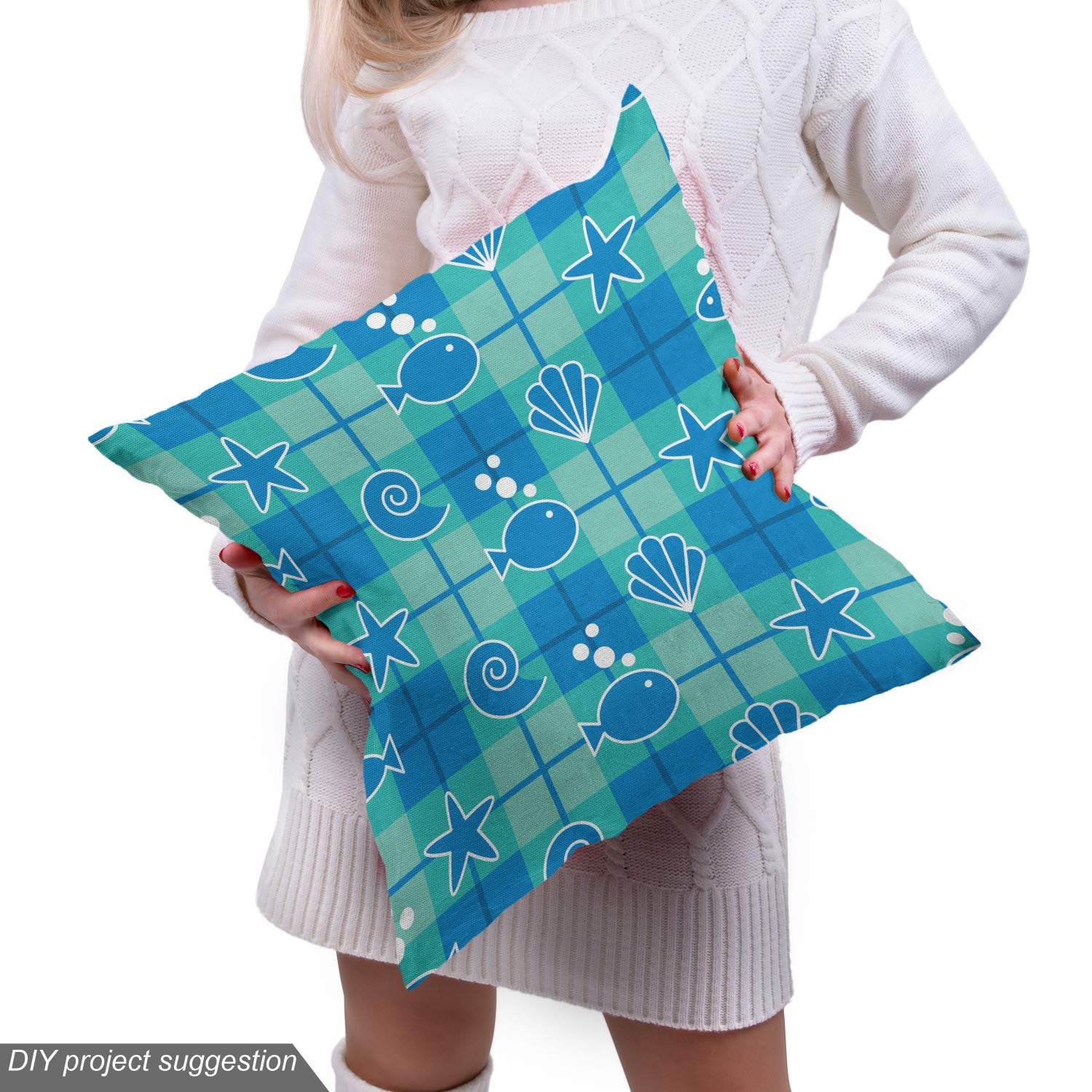 Ambesonne Sea Shells Fabric by The Yard - Plaid Pattern with Cartoon Marine Silhouettes, Fish, Starfish & Bubbles - Decorative Upholstery Fabric for Sofa, Curtains & Home Decor (5 Yards, Mint Green Blue White) - Perfect for Coastal Themed Bedrooms, Beach House Decor & DIY Craft Projects
