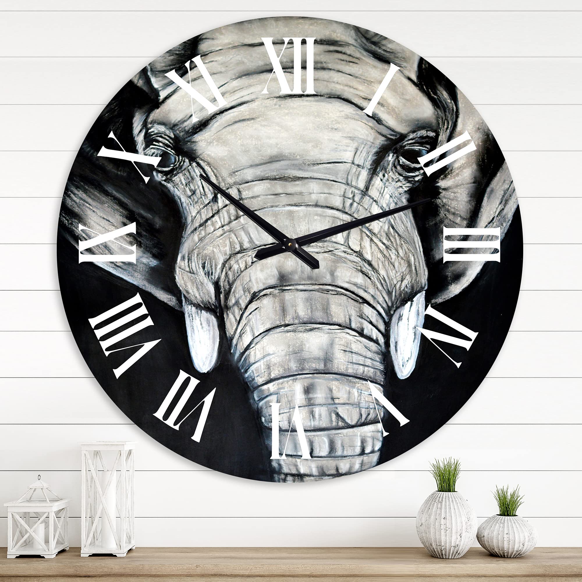 DesignQ Farmhouse Wall Clock - Large African Elephant Portrait Wall Art for Bedroom, Living Room & Office Decor | Rustic Animal Themed Clock for Home & Gifts