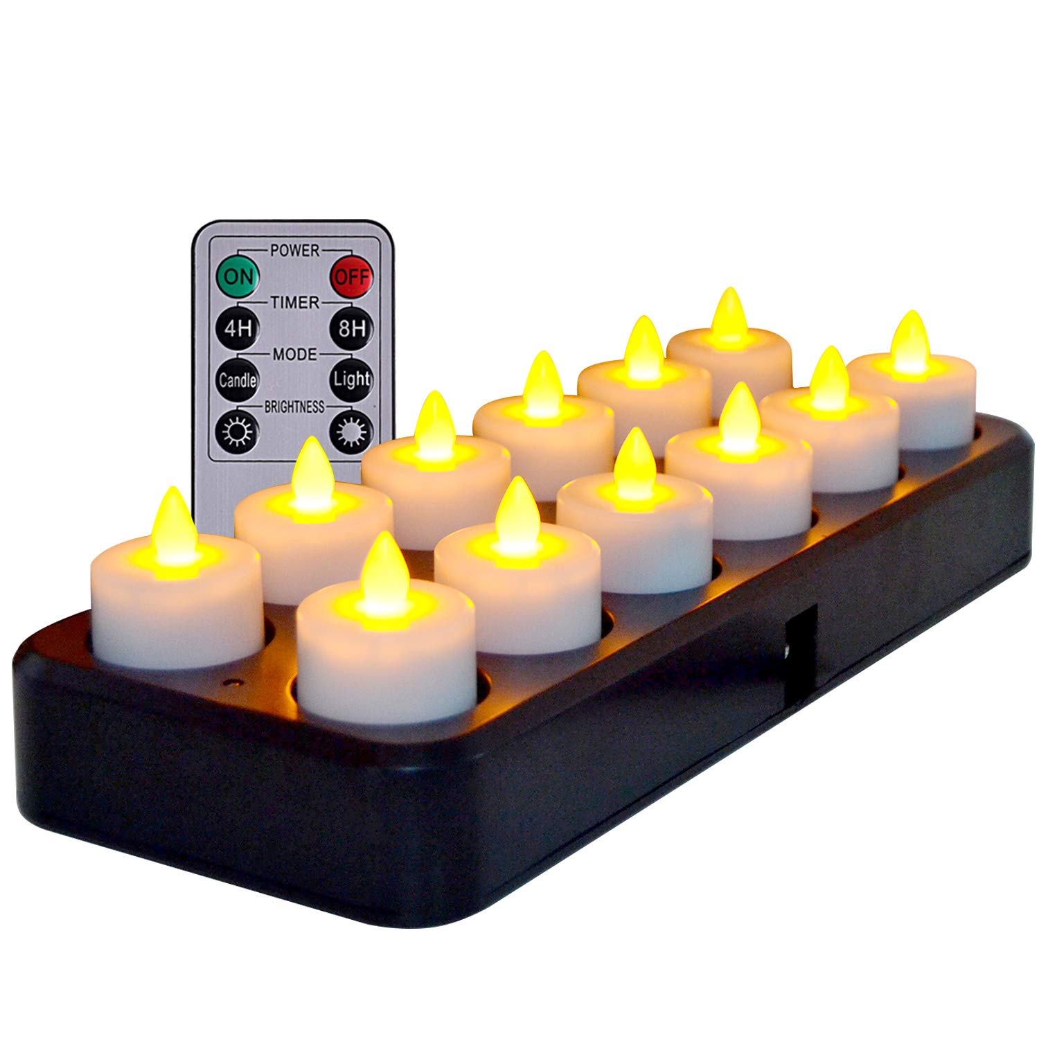 TELOSMA 12-Pack Rechargeable LED Tealight Candles with Timer & Remote - Flameless Battery-Operated Amber Yellow Lights for Home Decor, Weddings, Parties, and Romantic Ambiance